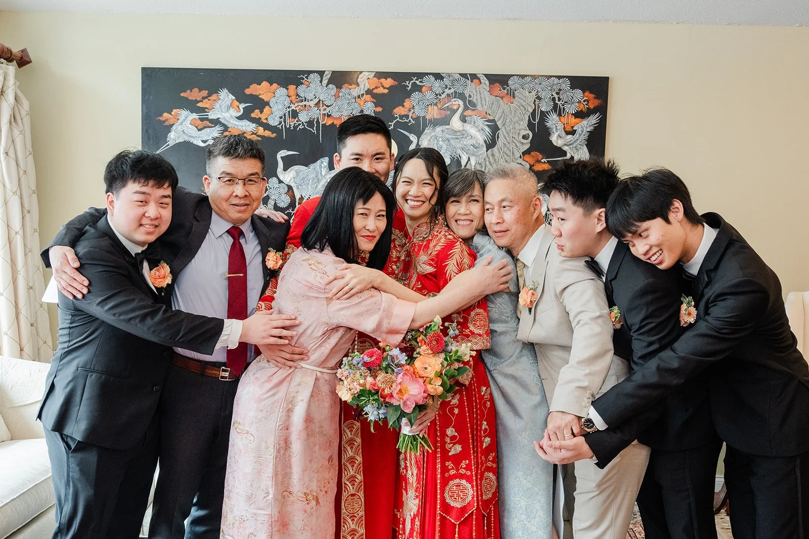 A playful family photo with the couple.