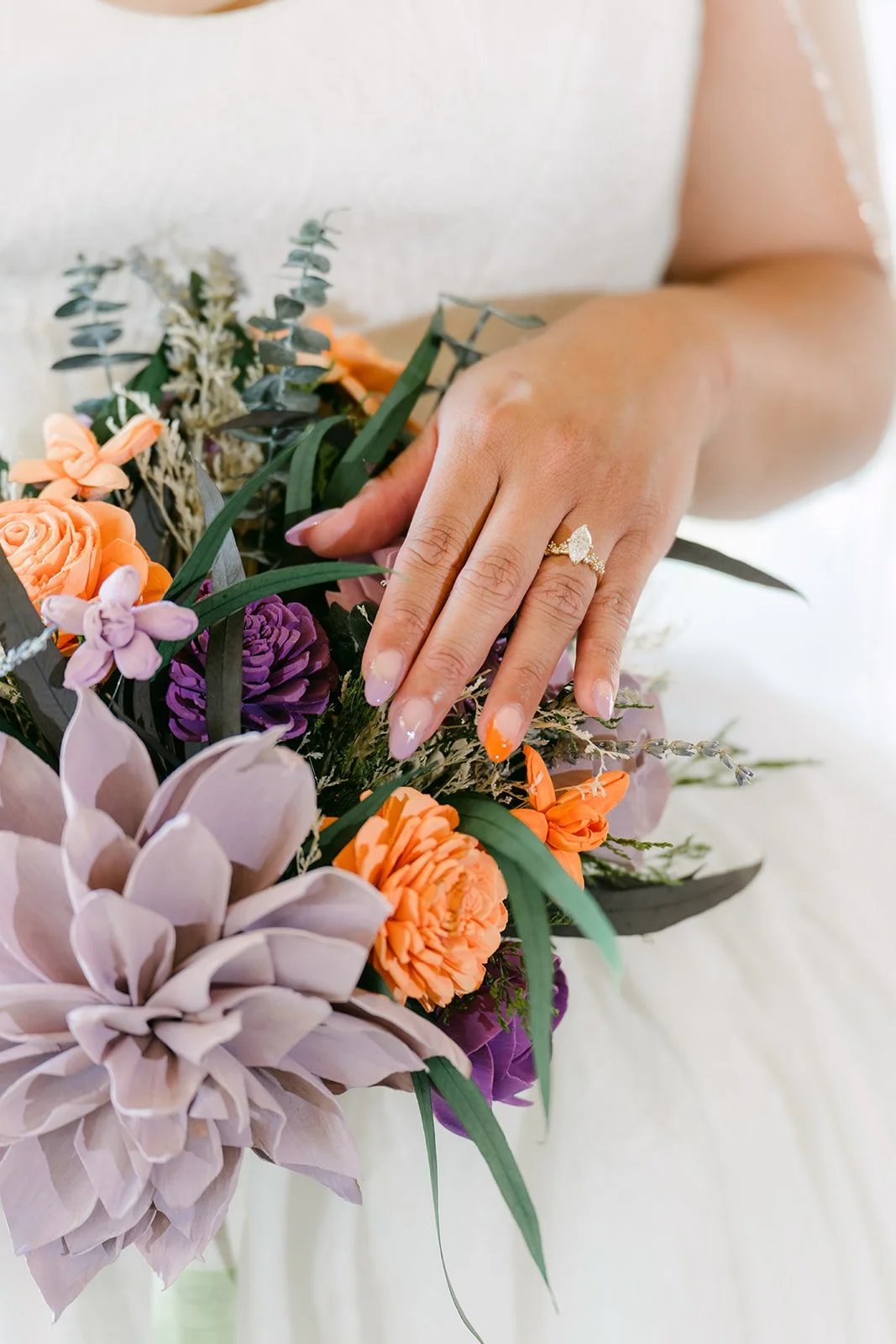 Angela's ring and bouquet of lavender and poppy orange