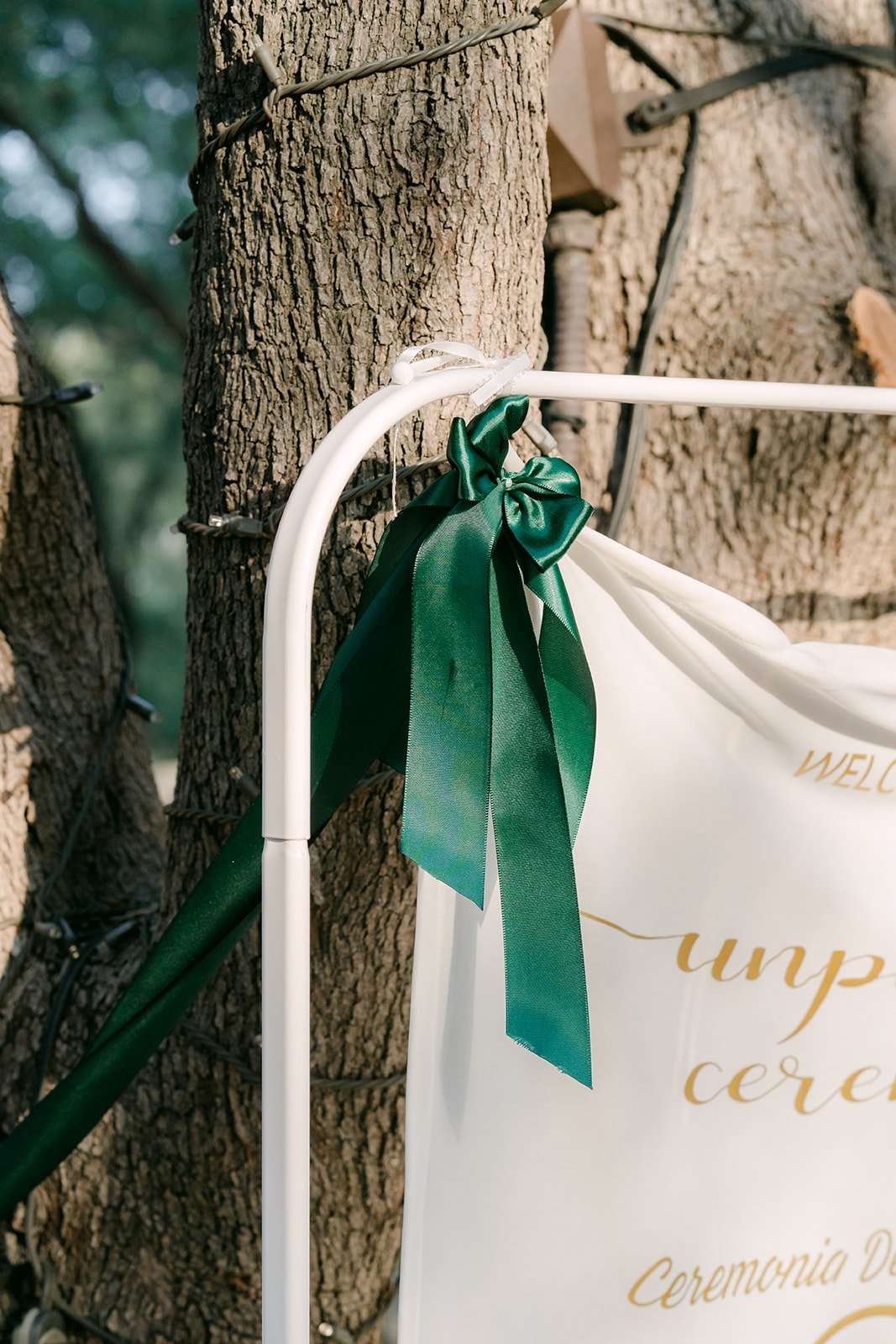 An unplugged ceremony sign tied with a green ribbon, photographed by One and Only Production