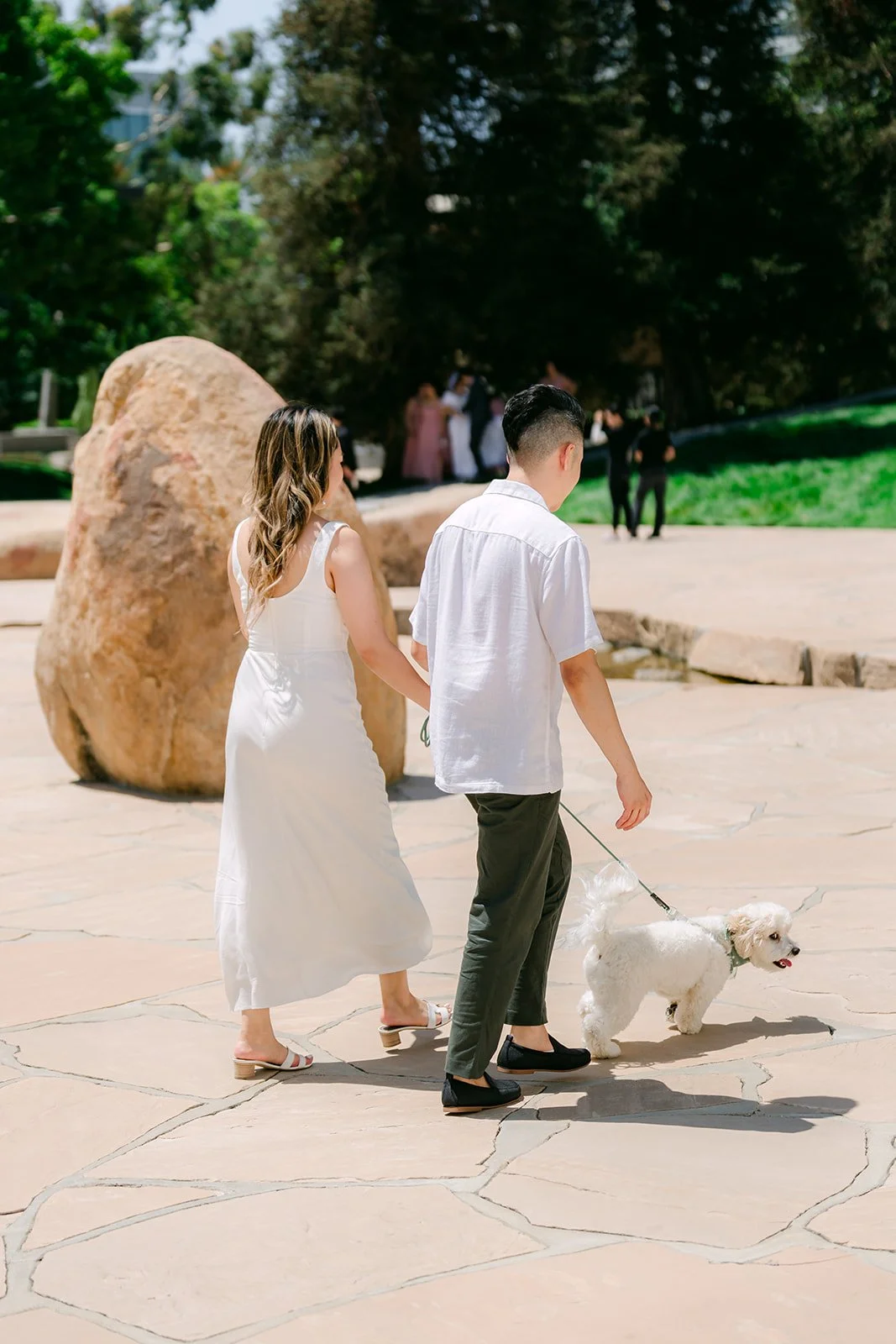 Stephanie and Alan walk Tofu past a boulder sculpture.
