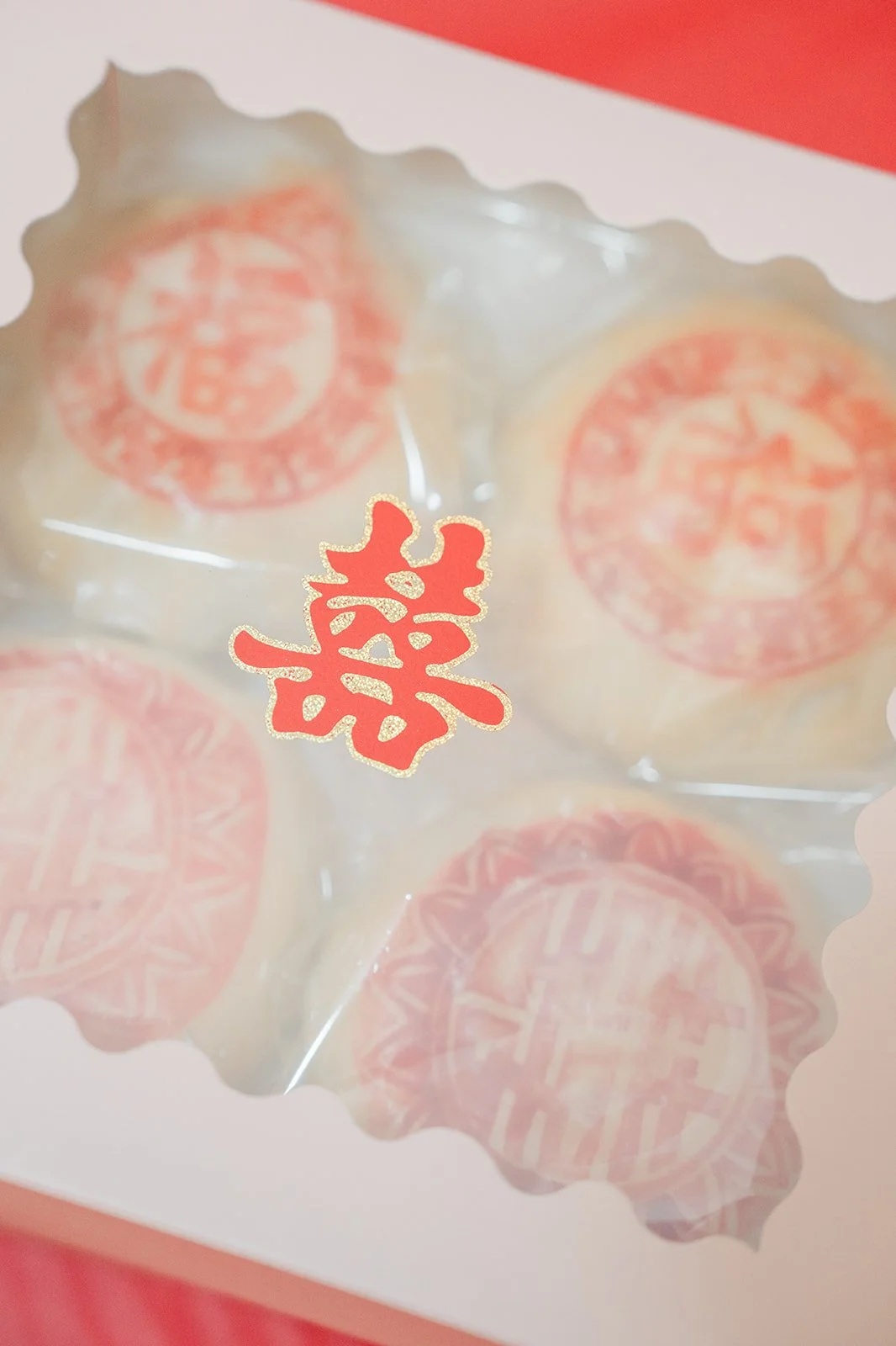 Pastries decorated with double happiness.