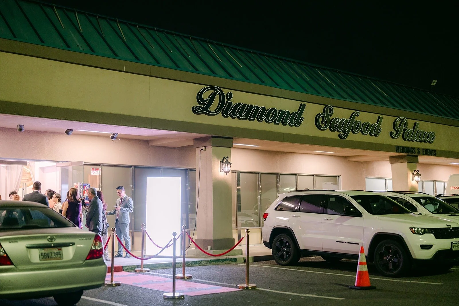 Diamond Seafood Palace in Garden Grove lit up for the evening