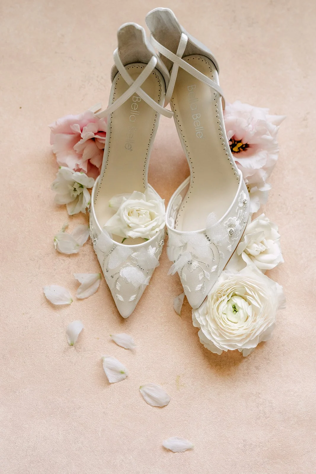 Sandra's lace bridal heels with dusty pink and cream flowers.