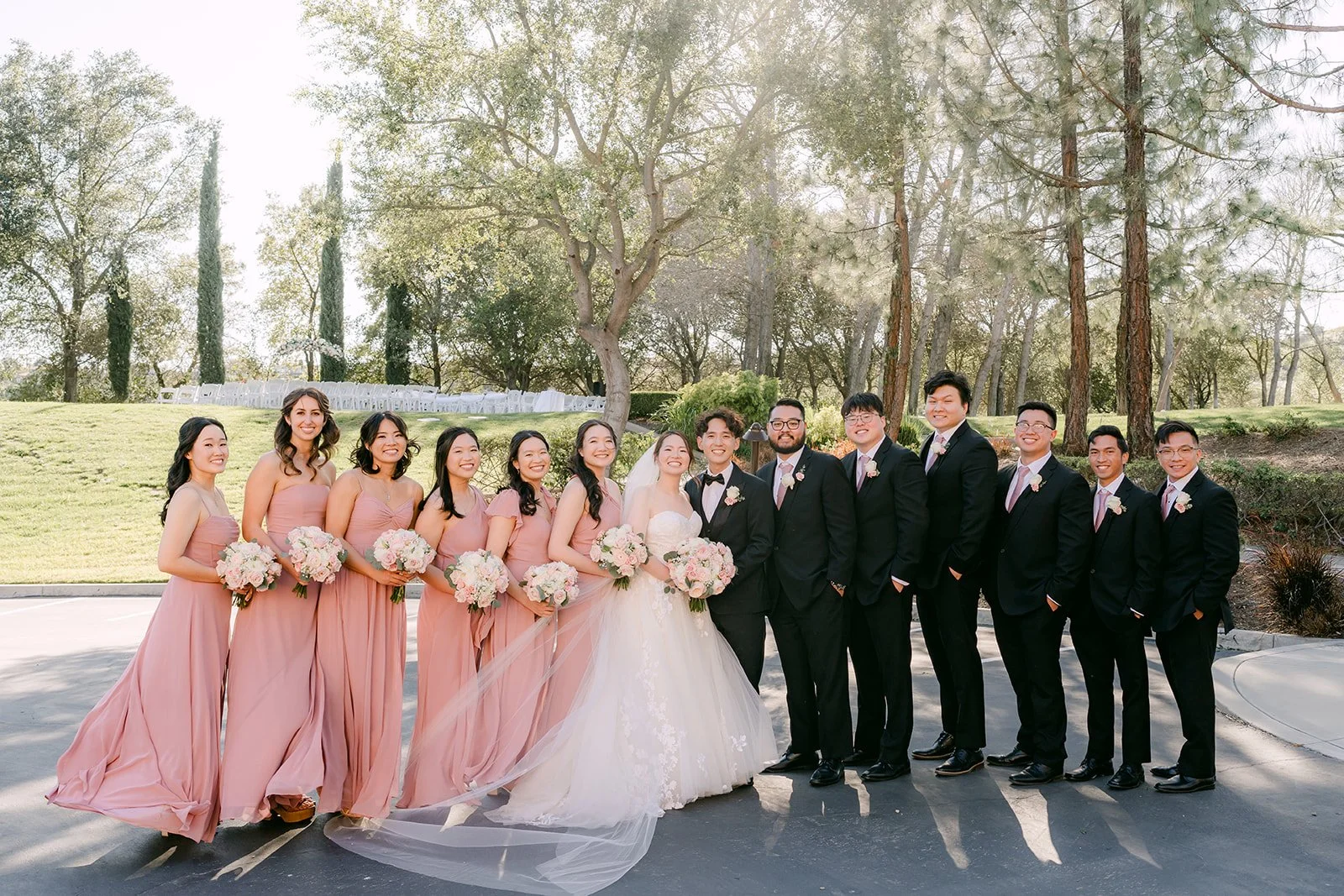 Full wedding party in dusty rose and black tuxedos at Vellano Estate