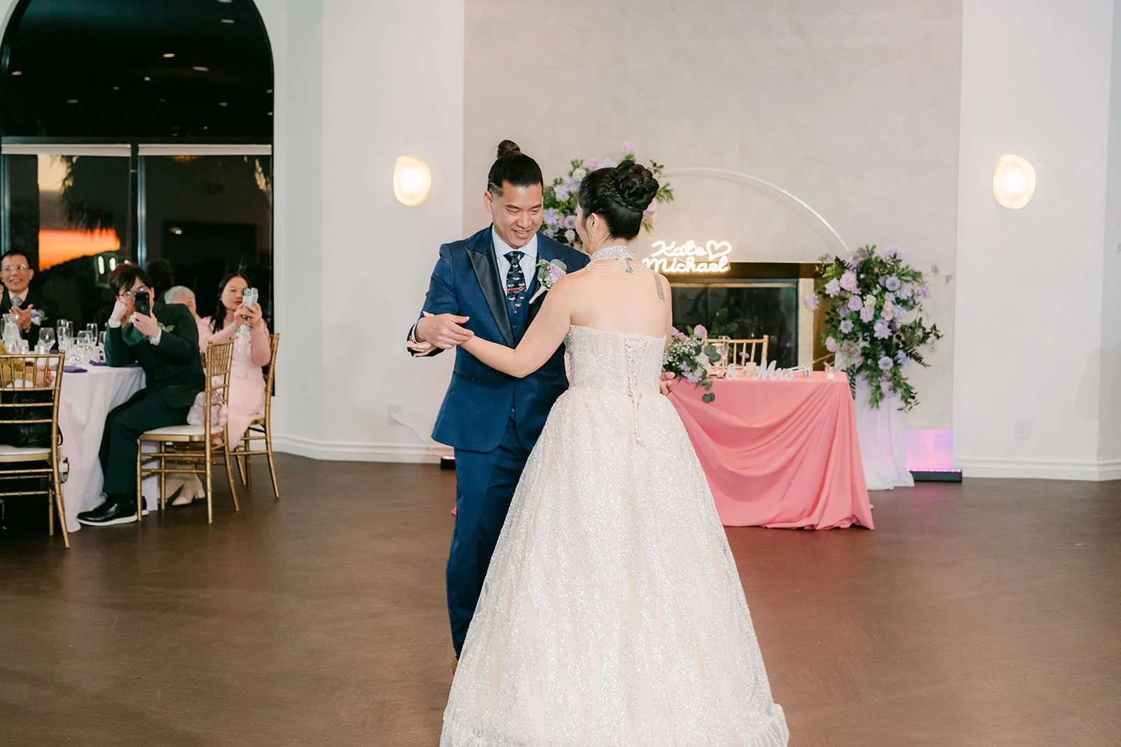 Kate and Michael's first dance in the ballroom.
