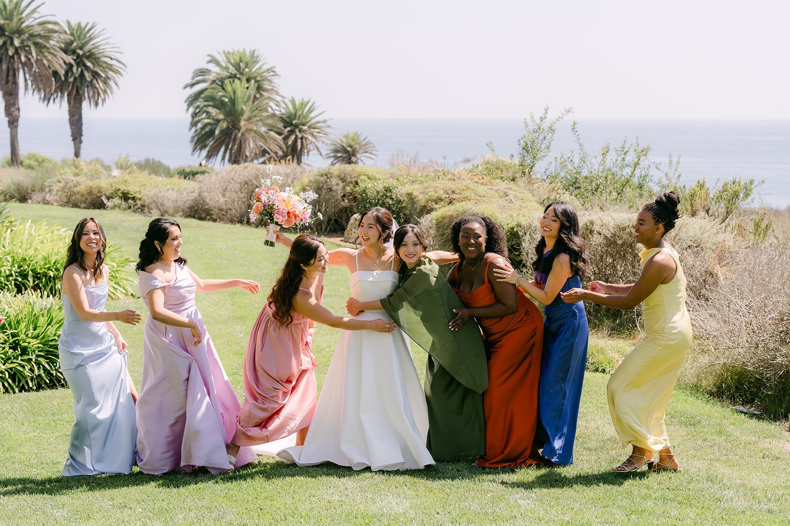 Bridesmaids rushing in to celebrate Saya's bridal reveal