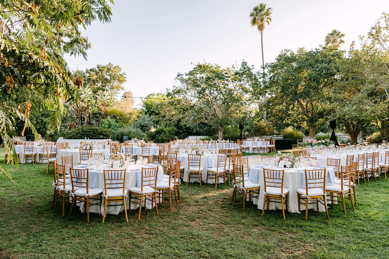 Reception tables set across the garden lawn