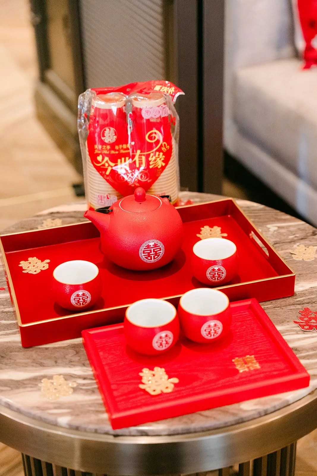 Red tea set with double happiness cups.