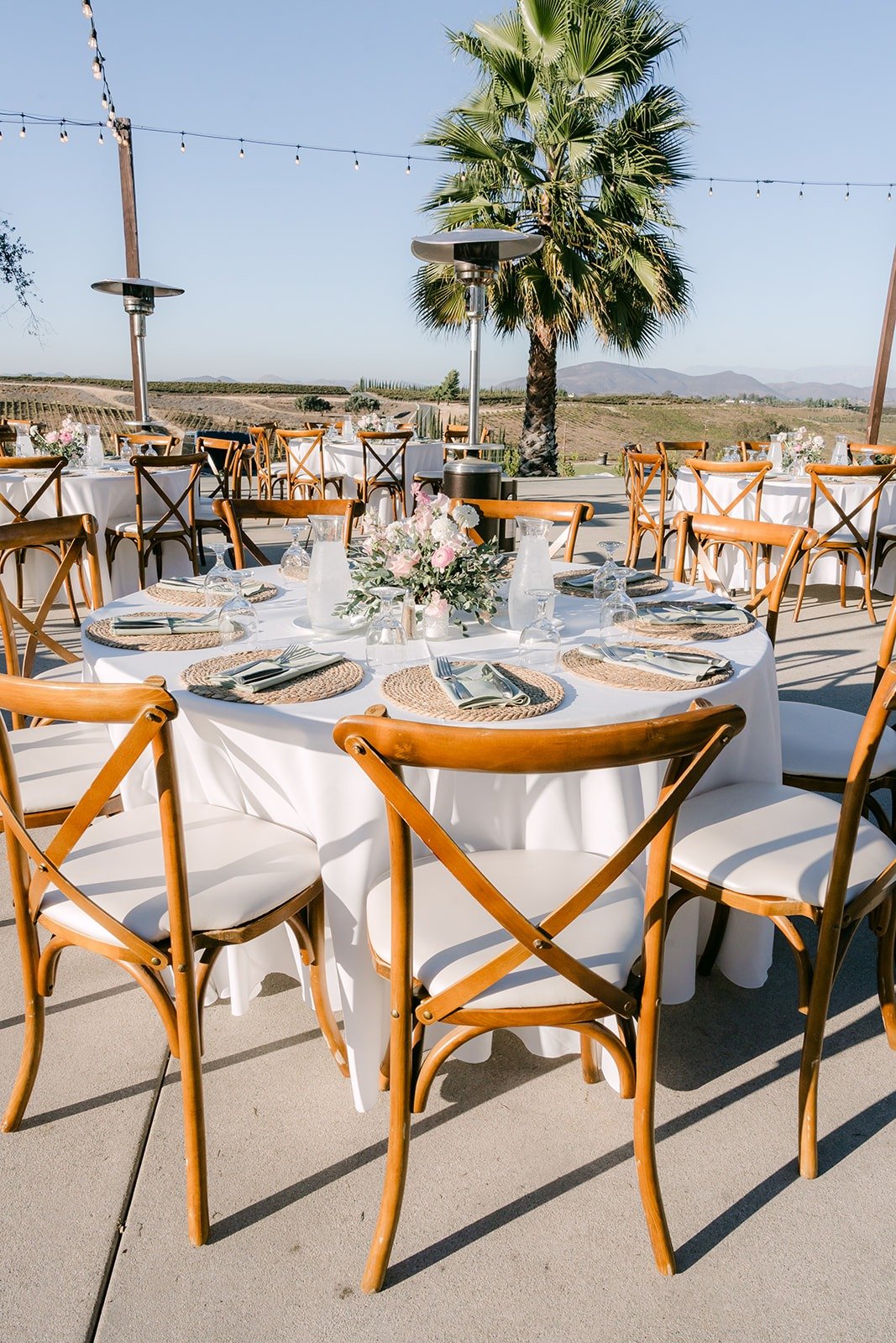Reception tables on the patio with vineyard views