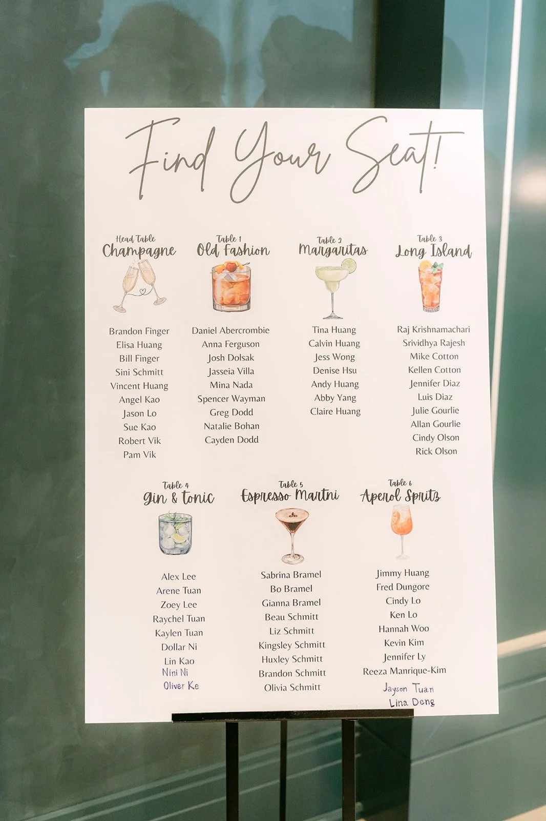 The Find Your Seat sign with illustrated drinks for each table