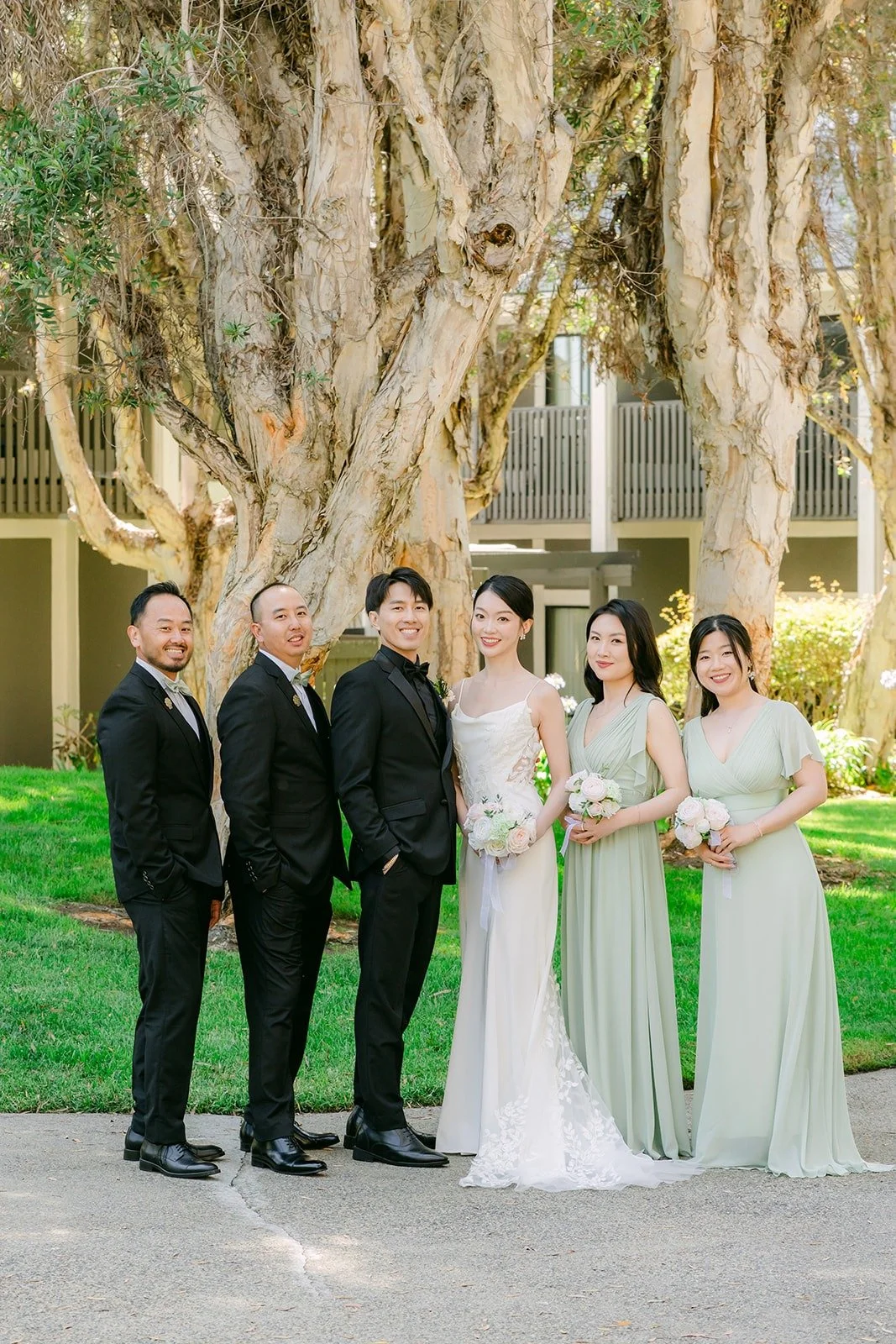 Tin, Fong and the wedding party on the lawn