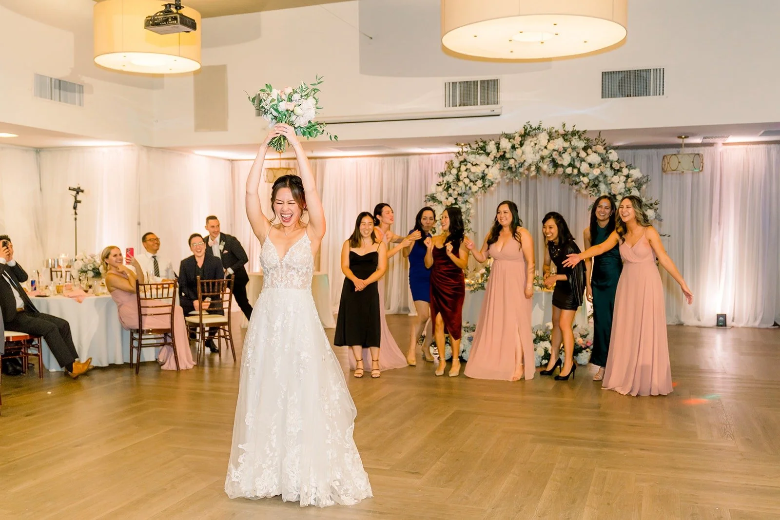 Josephine getting ready to toss her bouquet