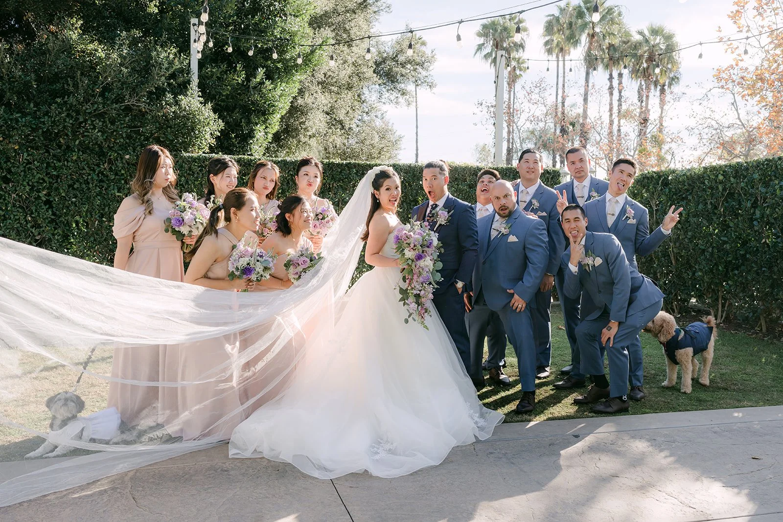 Kate's long veil spread across the lawn in front of the wedding party, photographed by One and Only Production.