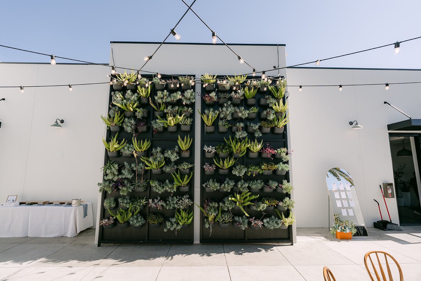 Living wall and string lights on the patio at The Colony House