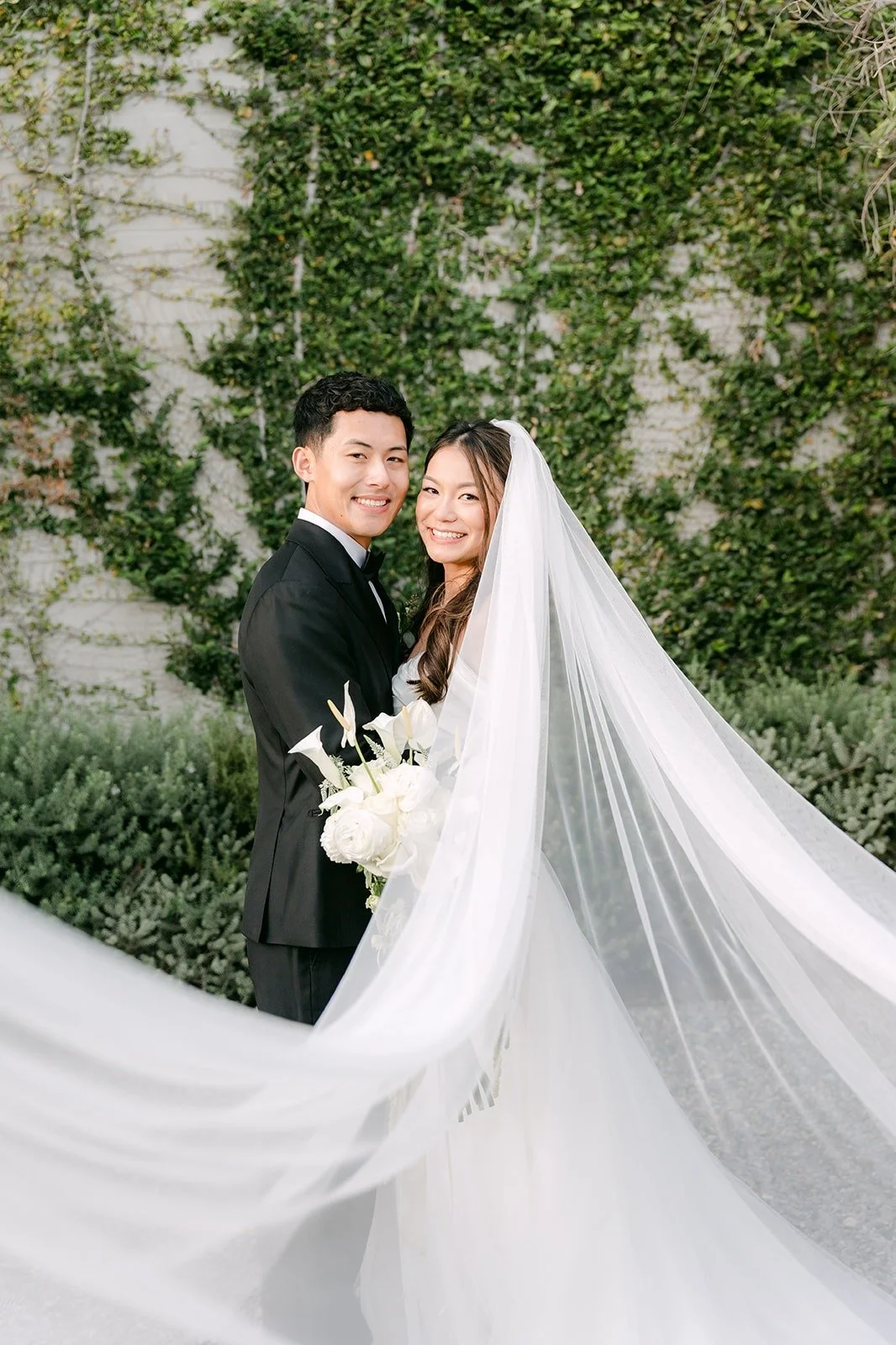 Jadee and Richard against an ivy covered wall with her veil flowing