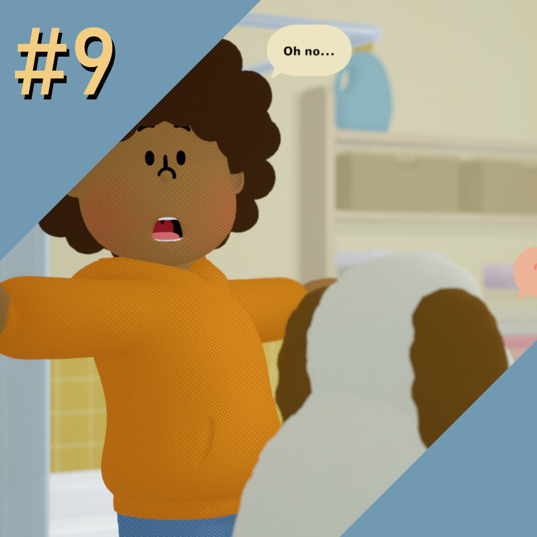 the default protagonist from To a T saying "oh no." The protagonist is wearing an orange hoodie. There's a dog in the foreground.