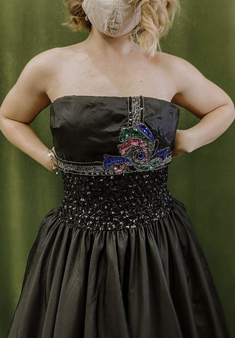 1980's Sequined and Embellished Black Taffeta Full Skirt Prom Dress