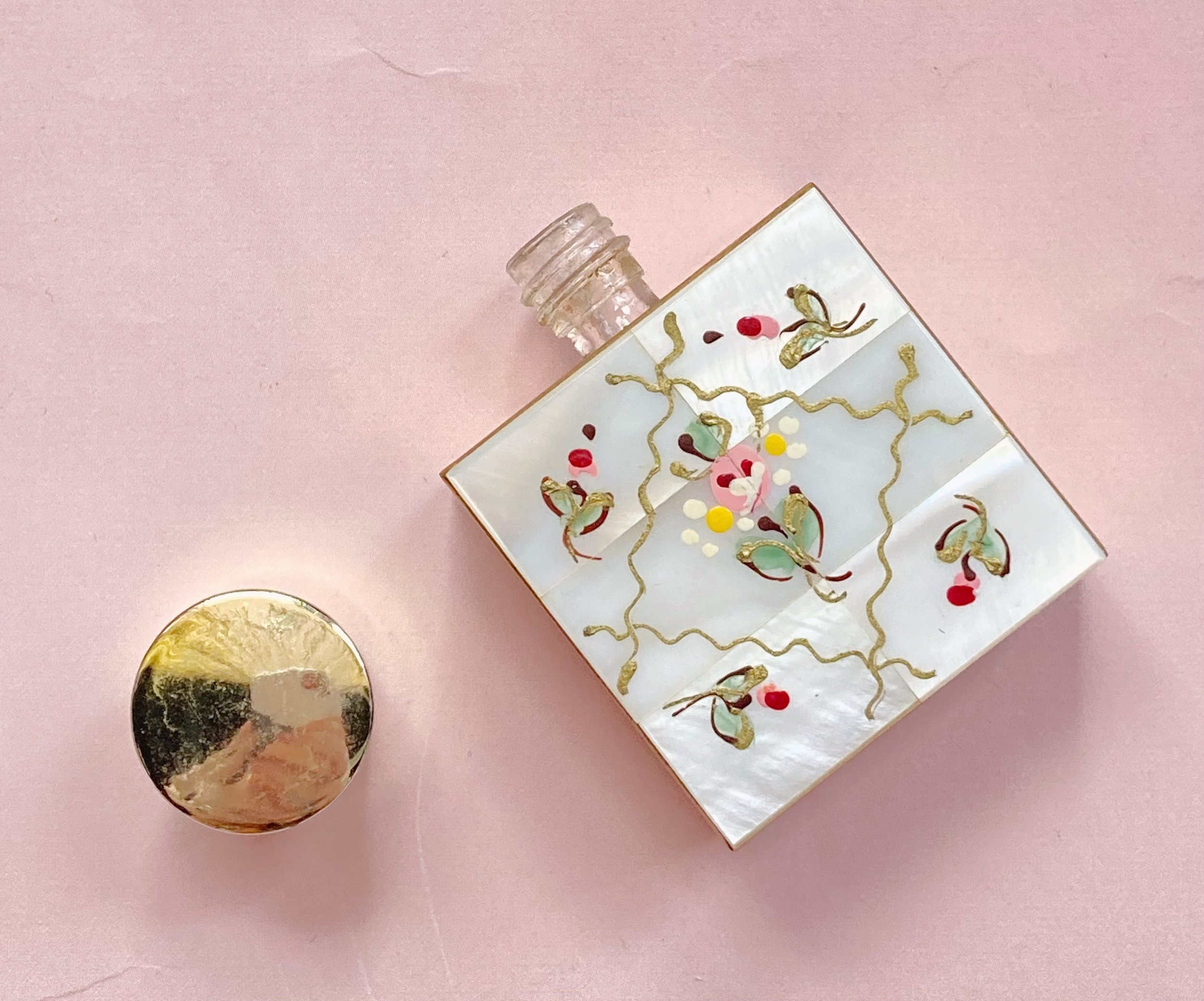 MOTHER OF PEARL 1950's Gold Tone Floral Painted Mini Perfume Bottle —  Carmine & Hayworth Vintage