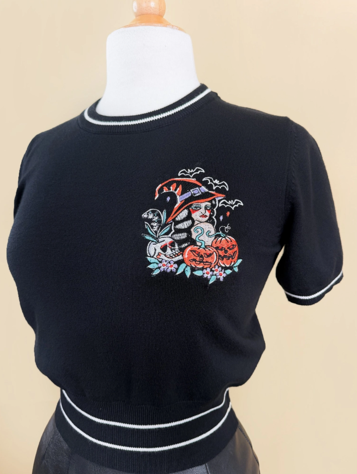 Witches Brew Short Sleeve Cropped Striped Sweater in Black