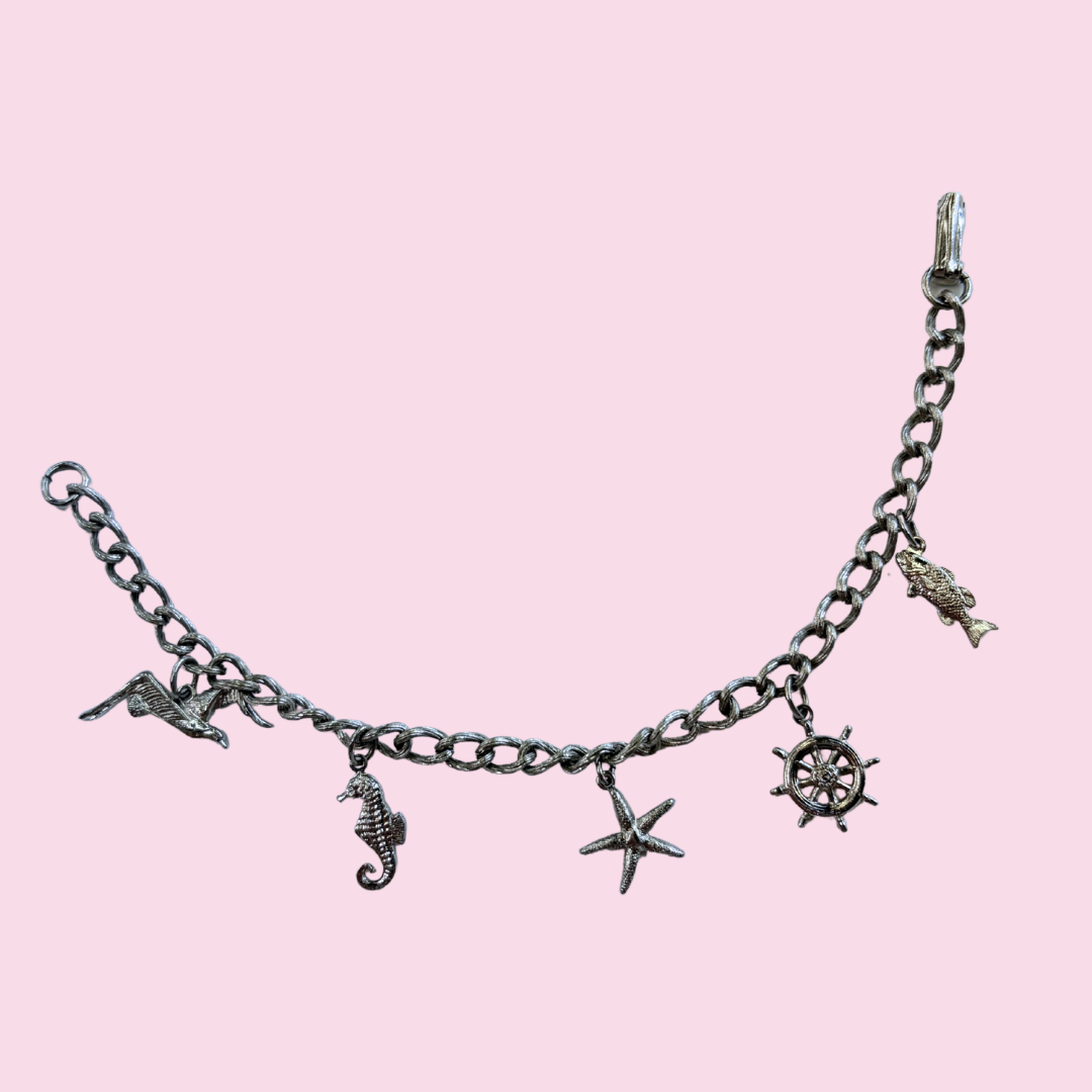 LIFE'S A BEACH 1980s Silver Tone Charm Bracelet