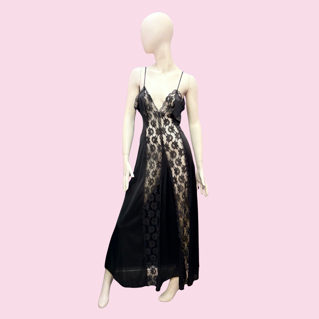 INKY BLACK Late 1970s Low-Cut Lace Nightgown