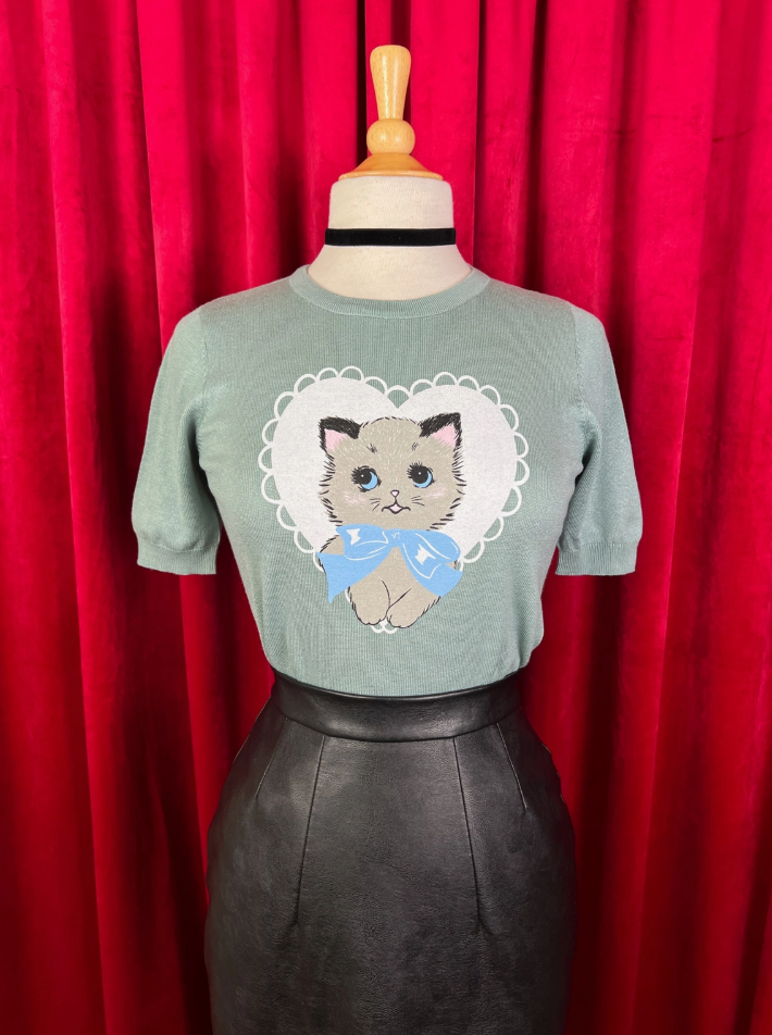 Dreamy Kitten Short Sleeve Sweater in Jade