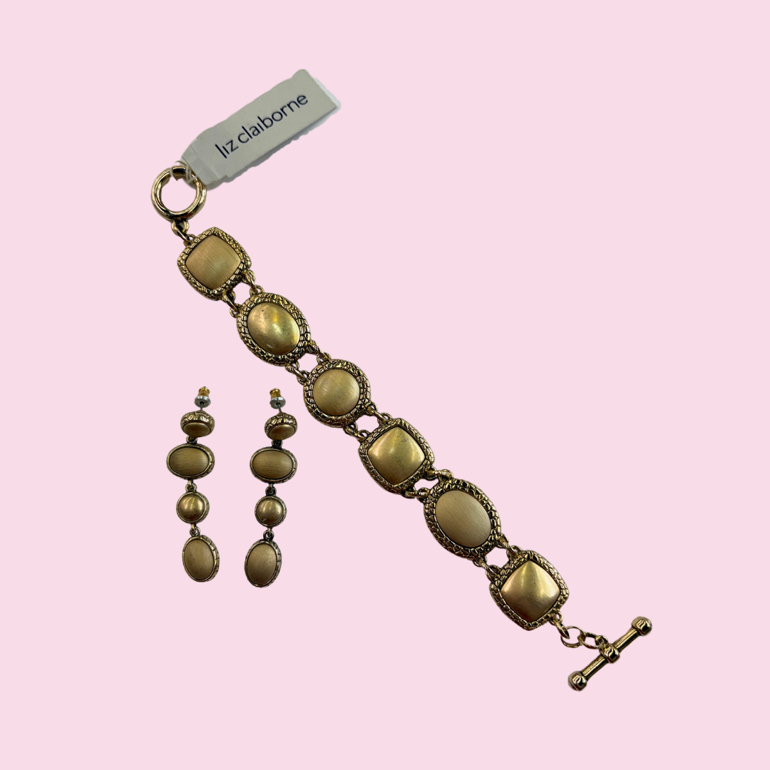 LIZ CLAIBORNE 1990s Gold Tone Circular Bracelet and Earring Set