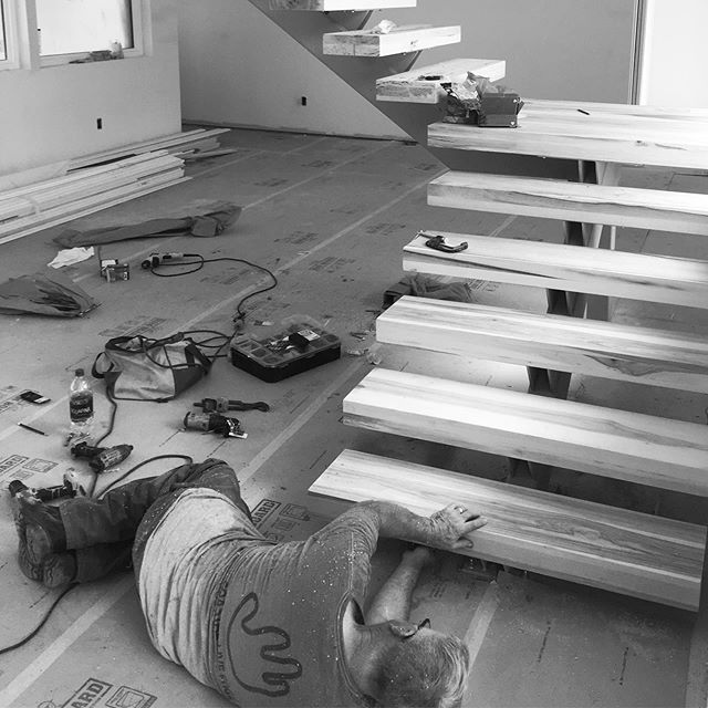 Behind the scenes of an install happening today. 3.5&rdquo; hickory treads that are being installed in a home built by Fasse Construction on a lot that we cut them down from. Final project photos to come &mdash; they&rsquo;re going to be a show stopp