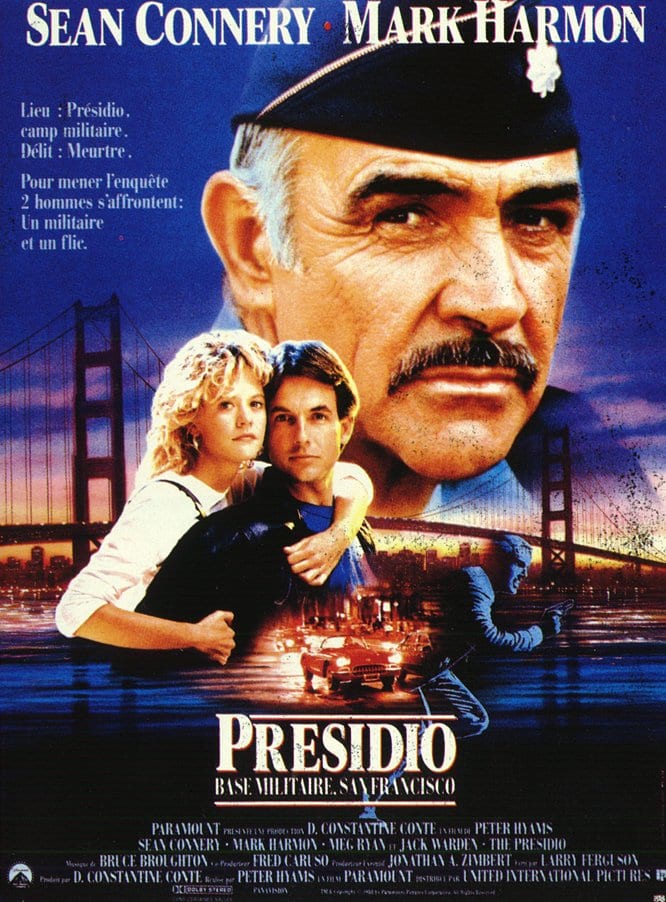 — PRESIDIO Ex-military policeman Jay Austin (Mark Harmon) is now a San Francisco detective. When his former MP partner is killed at a military base, he takes the case. But after arriving at the crime scene, he realizes he must look to his old rival, Lt. Col. Alan Caldwell (Sean Connery), for help. Austin then falls for Caldwell's daughter, Donna (Meg Ryan), further complicating matters. Still, the two men push on in their search, learning to respect one another as they pursue the killer.
