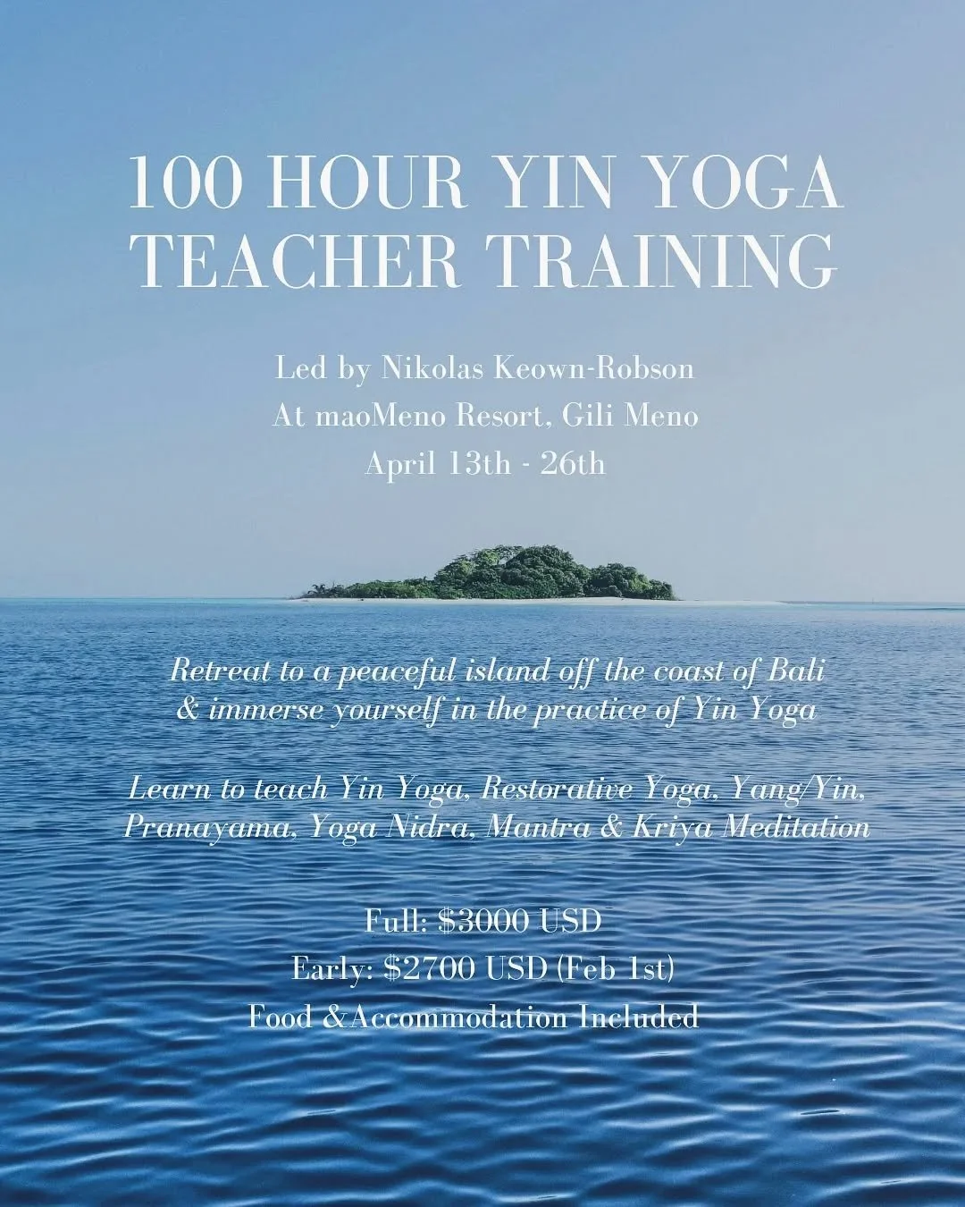 Are you in Bali? Do you love Yin Yoga? Do you want to retreat to a peaceful island and immerse yourself in daily practice? Do you want to learn how to practice and teach Yin Yoga?

If the answer is yes then this training is for you! We have a few spo