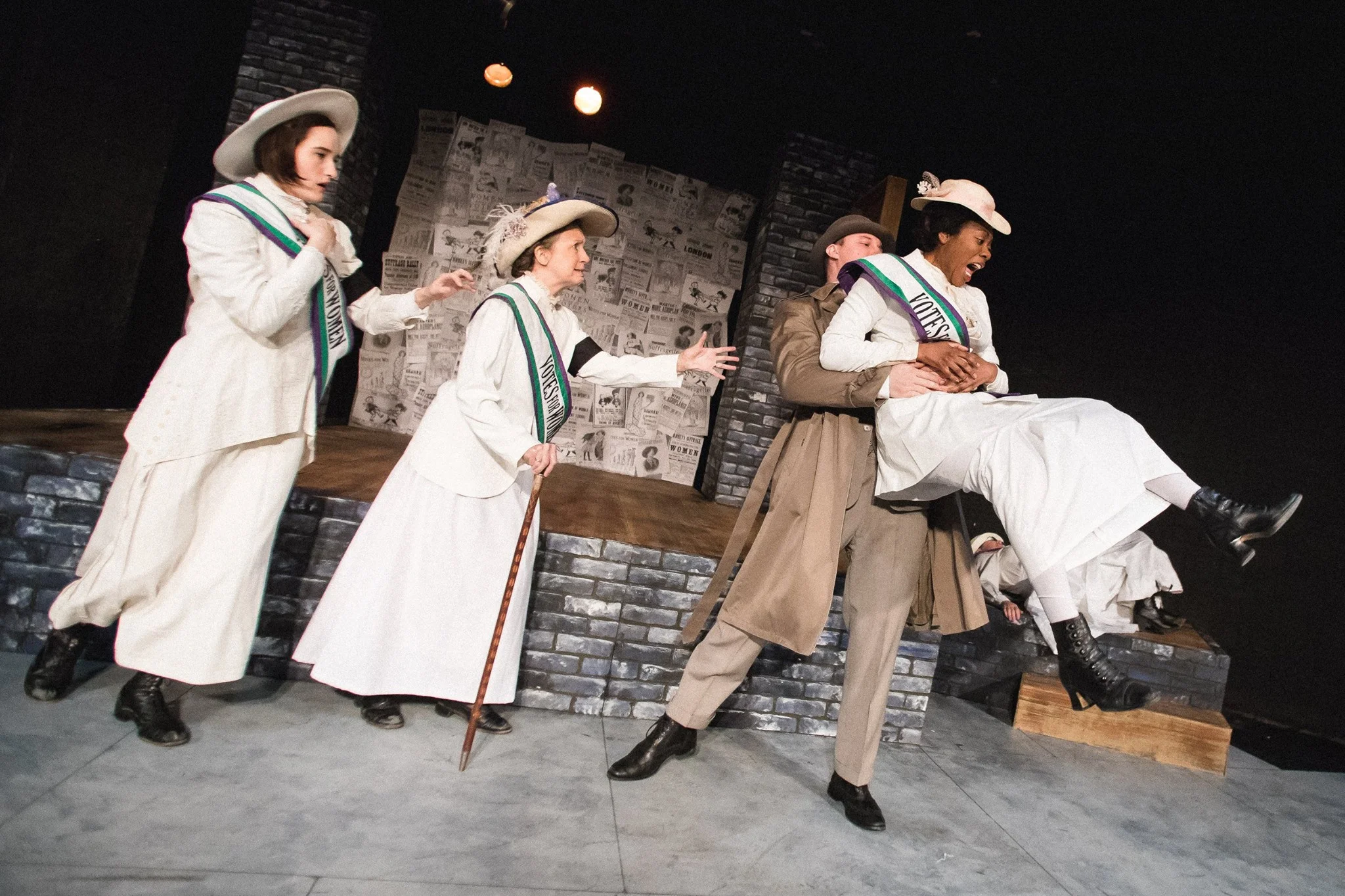 Scottie Caldwell as Gertrude, Jean Marie Koon as Emmeline Pankhurst, David Kaplinsky as the Detective, Arielle Leverett as Grace Roe