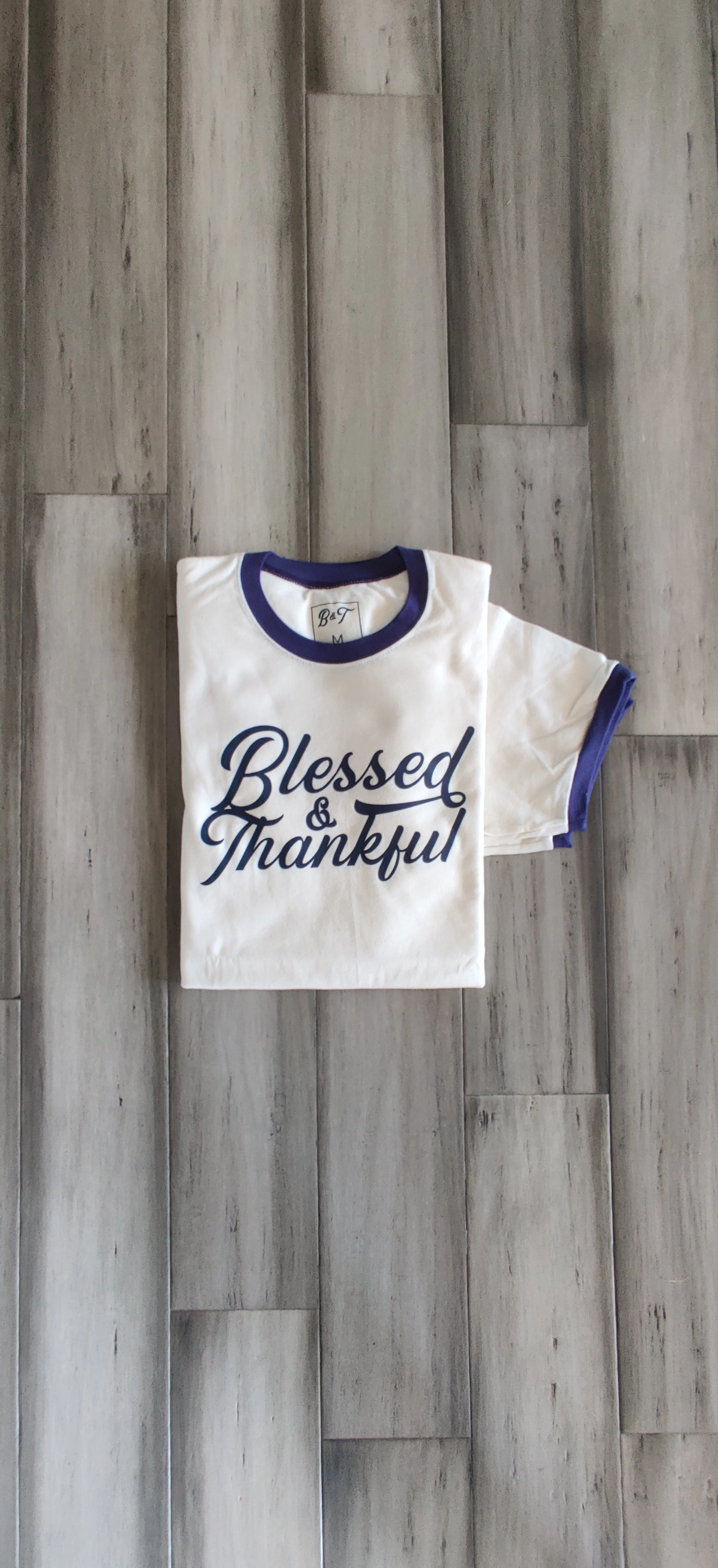 Blessed & Thankful Cream and Indigo trim T-shirt