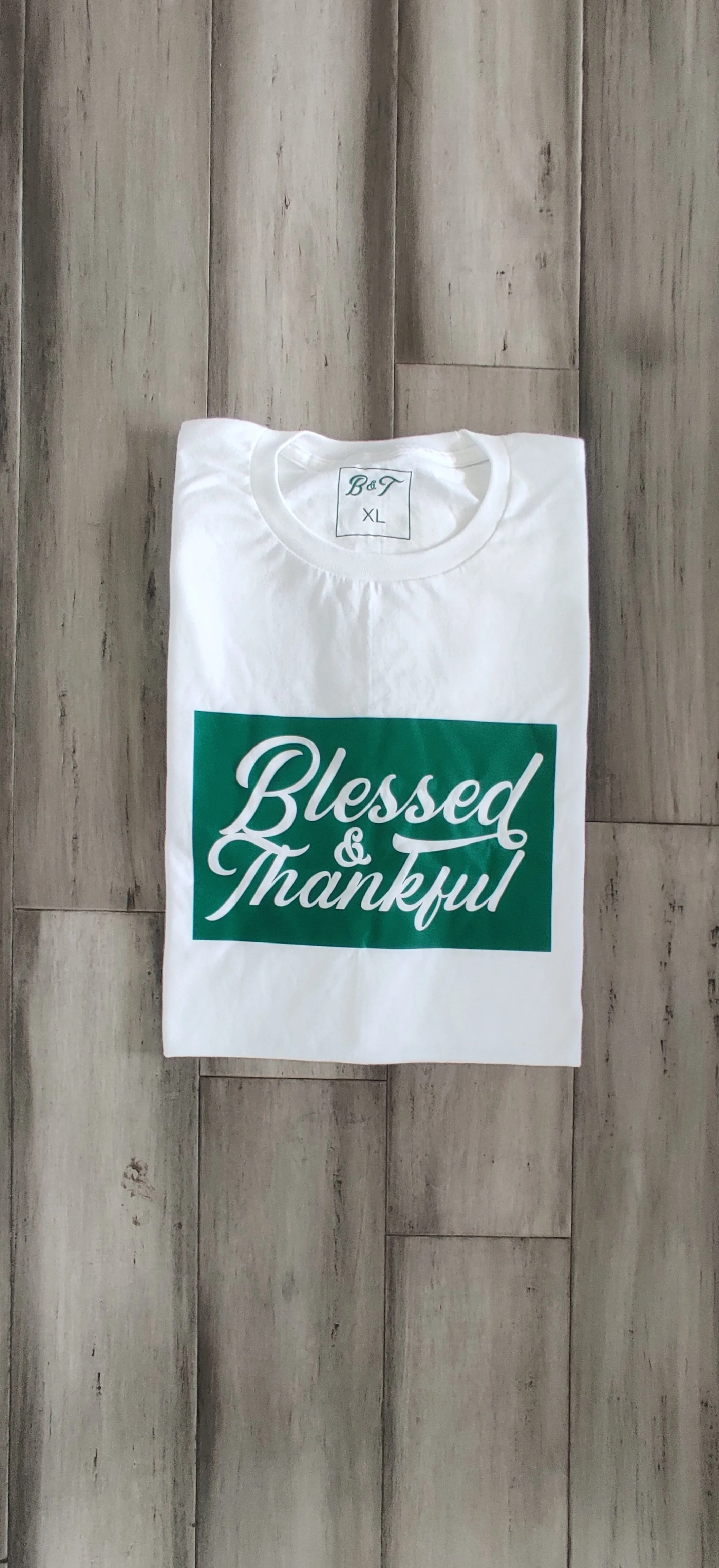 Blessed & Thankful White and Kelly Green T-shirt
