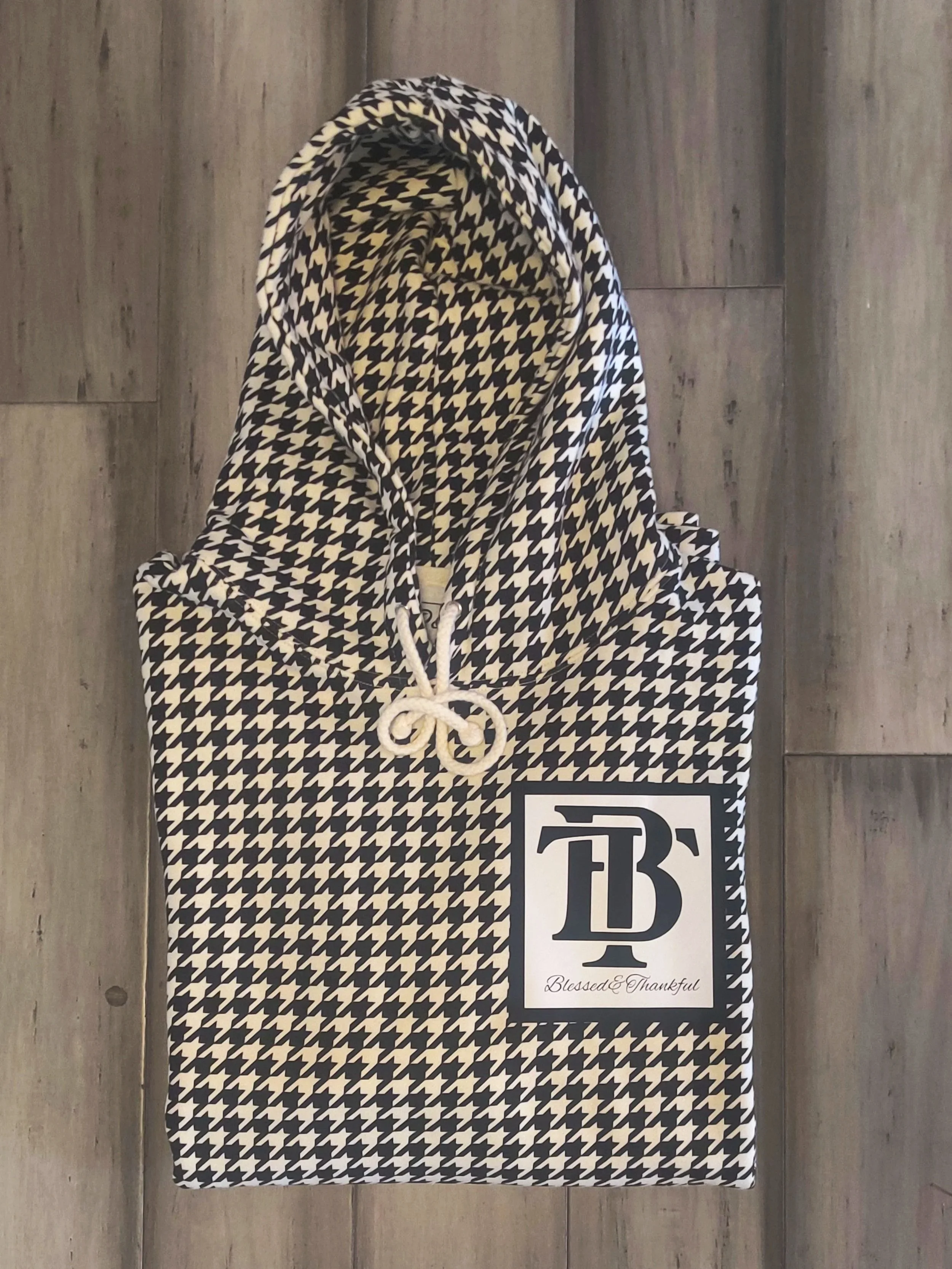 Blessed & Thankful Monogram Black and Cream Houndstooth Hoodie