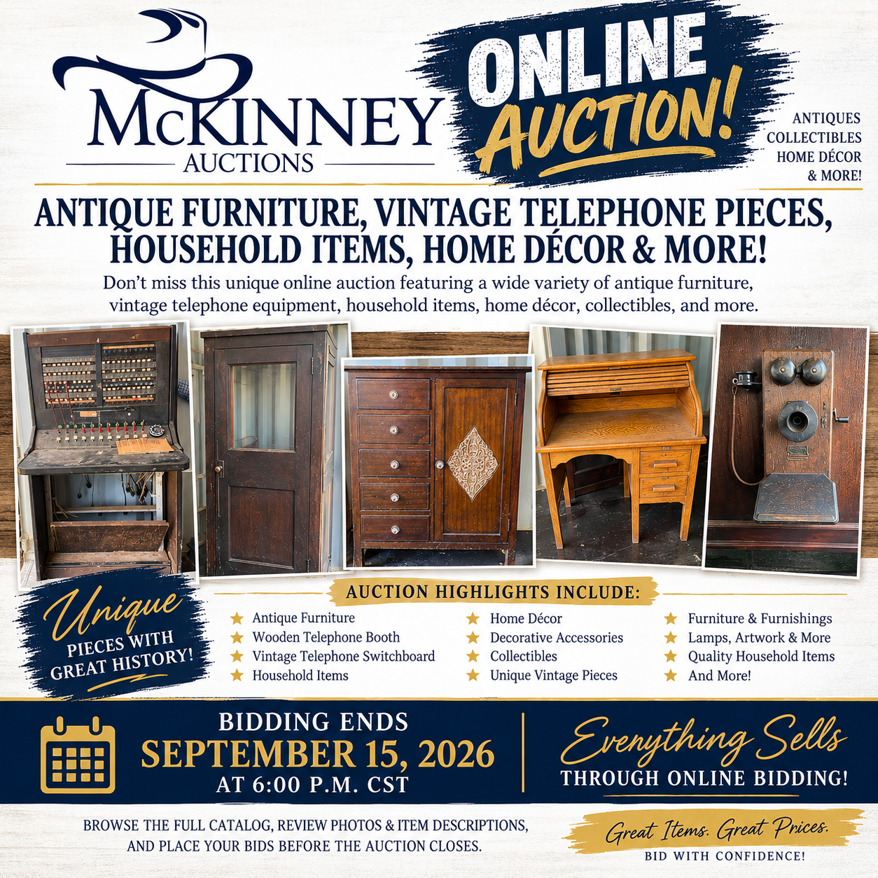 Online Auction – Antique Furniture, Vintage Telephone Pieces, Home Décor &amp; Household Items