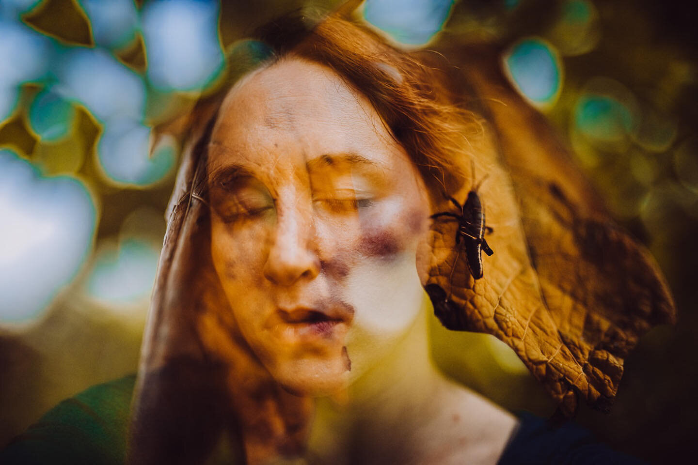 Double exposure in camera. While we were on a hike I found this interesting leaf with a grasshopper sitting on the ground, I took the photo then flipped the camera and took the picture of myself. 

We have finally got moved into our new home in Utah,