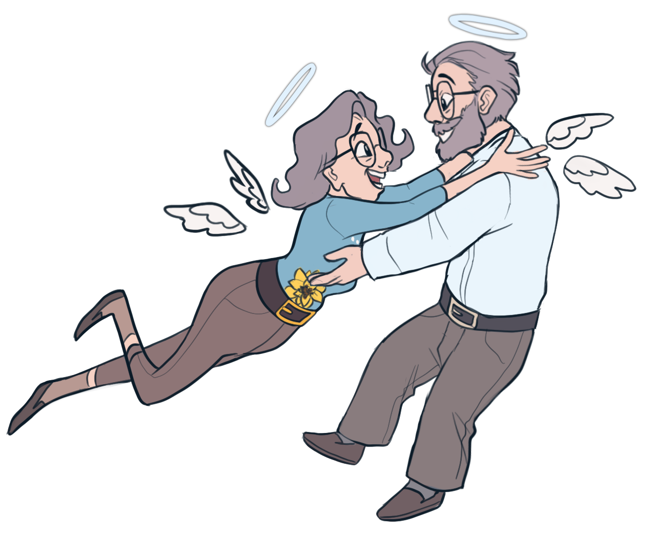 Cartoon image of a happy woman with angel wings and halo hugging and dancing with a man with angel wings and halo, both smiling and embracing each other.