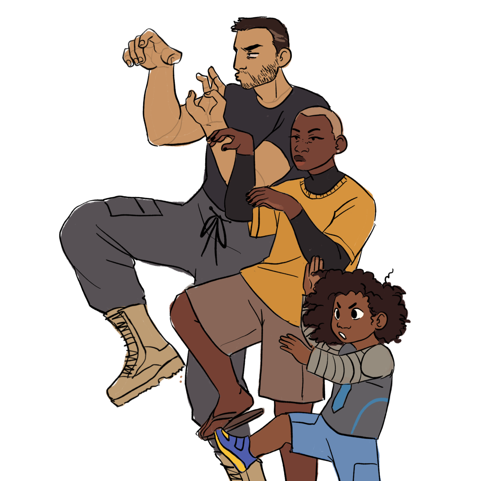 A digitally illustrated image of a man with a beard and short dark hair making a hand gesture, a woman with a short blonde haircut and dark skin doing a similar gesture with her hand, a young girl with curly hair and a striped shirt also making a hand gesture, and another person with dark skin and curly hair standing close by, all posing with confident expressions.