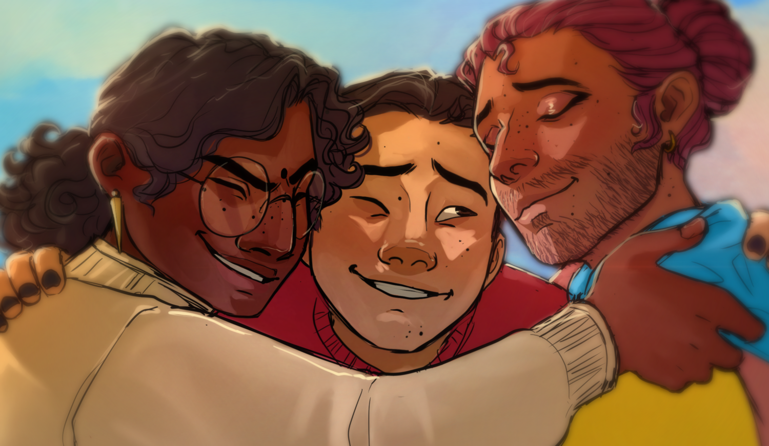 Three friends hugging each other and smiling. One has dark curly hair, glasses, and a gold earring; another has short black hair and freckles; the third has pink hair and a beard. They are outdoors with a blue sky background.