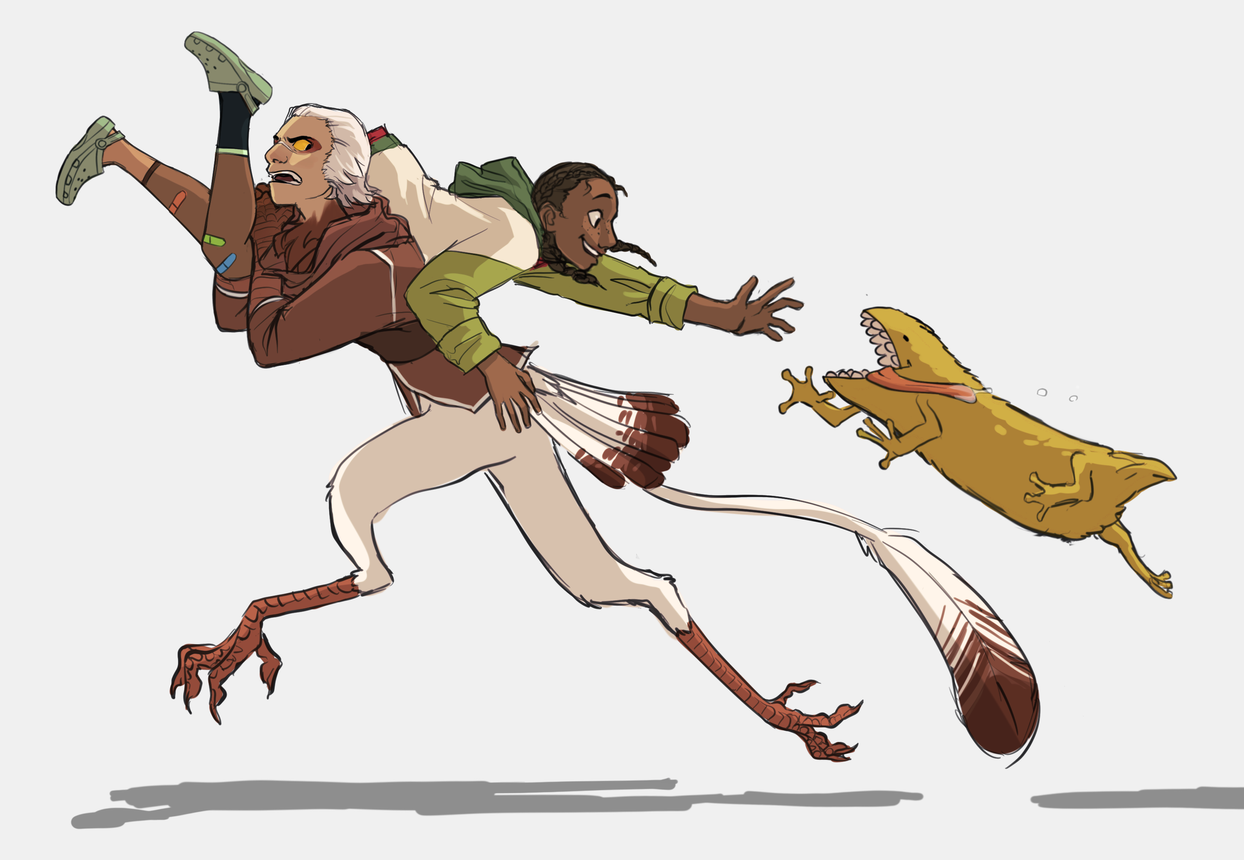 A humorous illustration of a person with a human upper body and a bird's lower body carrying a young girl as they run from a monster.