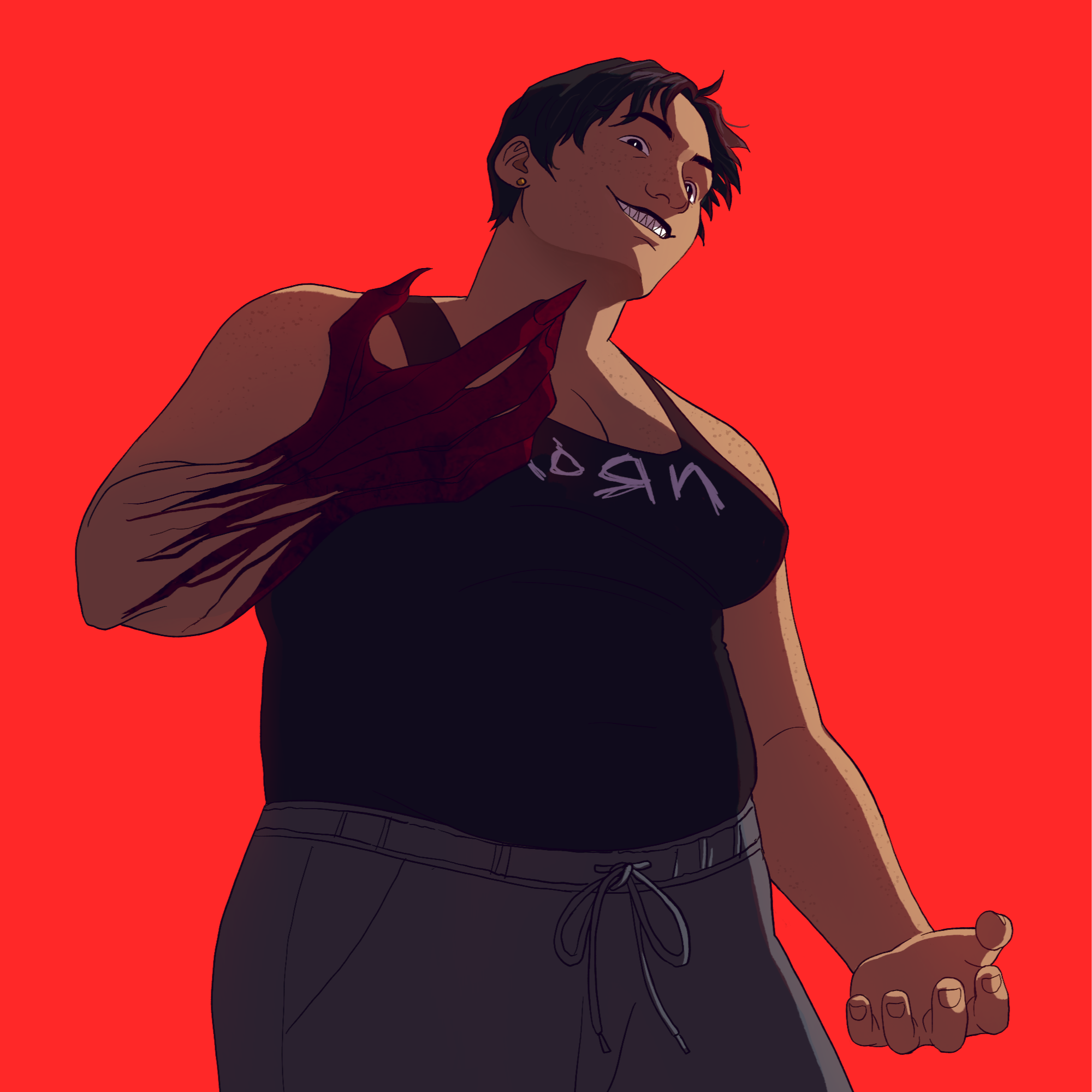 Digital illustration of a confident woman with short dark hair, wearing a black tank top with the word 'NOB' visible, and grey drawstring pants against a bright red background. She has freckles and is making a gesture with one hand, with a mischievous smile.