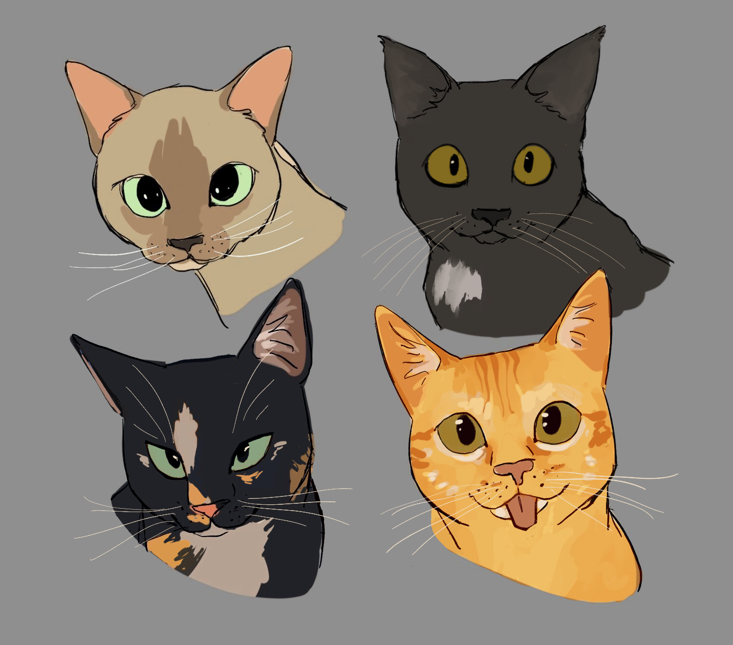 Illustration of four different cat heads with gray background. One with cream color and green eyes, one with black fur and yellow eyes, one with black and orange fur and green eyes, and one with orange tabby fur and open mouth.