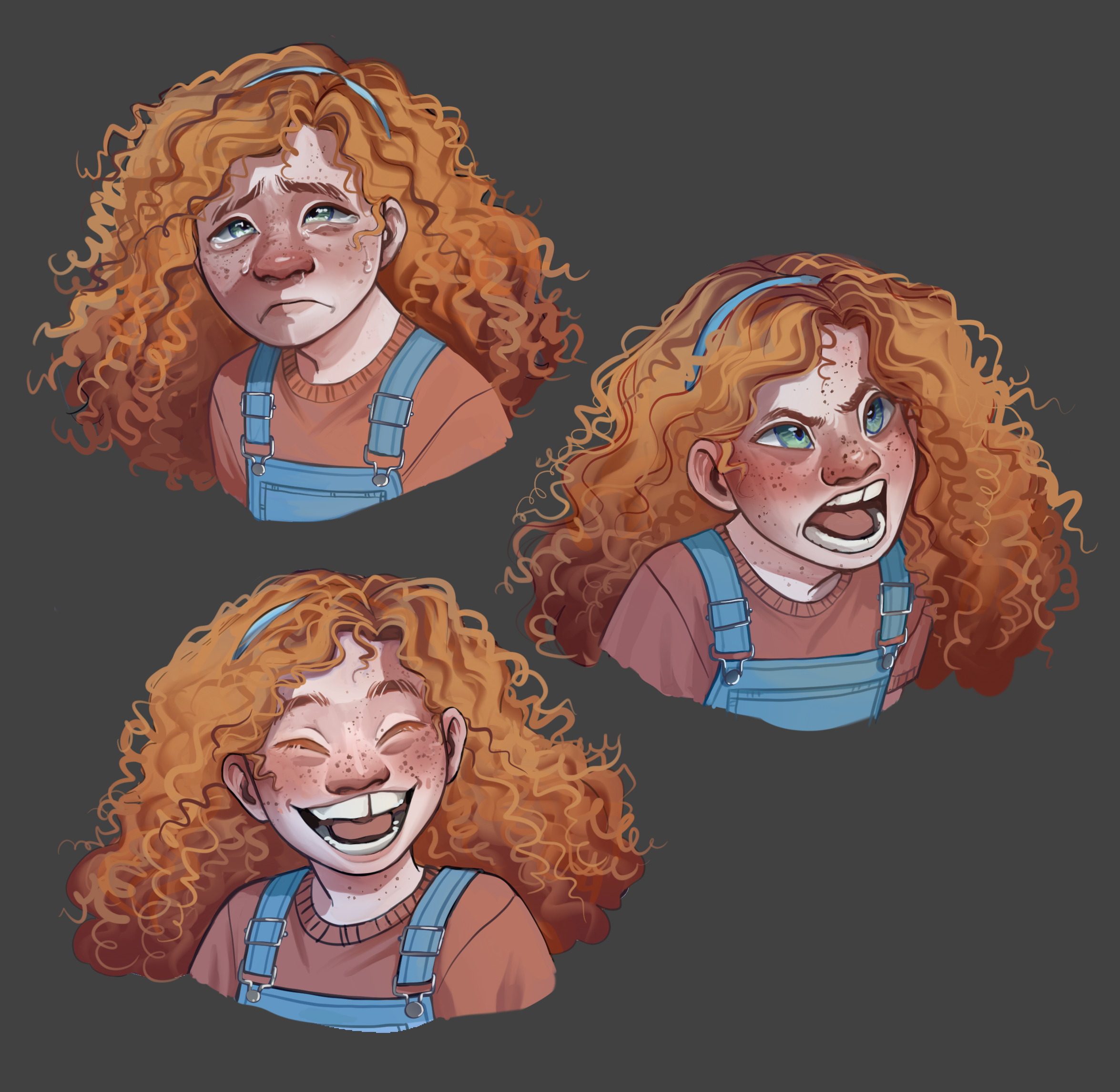 Digital illustration of a young girl with curly red hair, freckles, and blue eyes, displaying three different emotional expressions: sadness, anger, and joy. She wears an orange shirt and blue overalls.