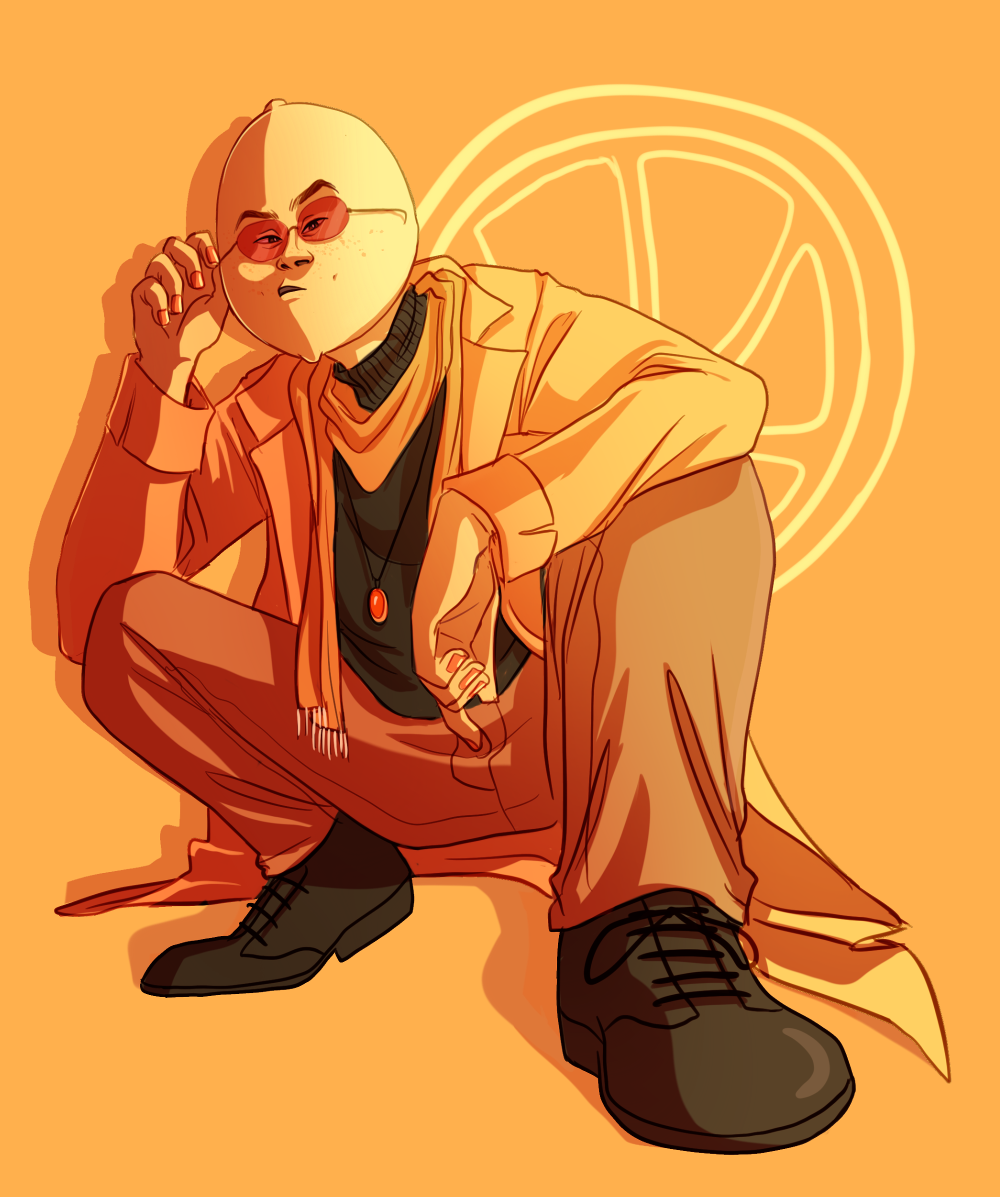 A stylized digital illustration of a person with a star-shaped face, wearing sunglasses, a black shirt, an orange jacket, and beige pants, squatting with one hand adjusting their sunglasses. The background is orange with a neon lemon slice outline behind the person.