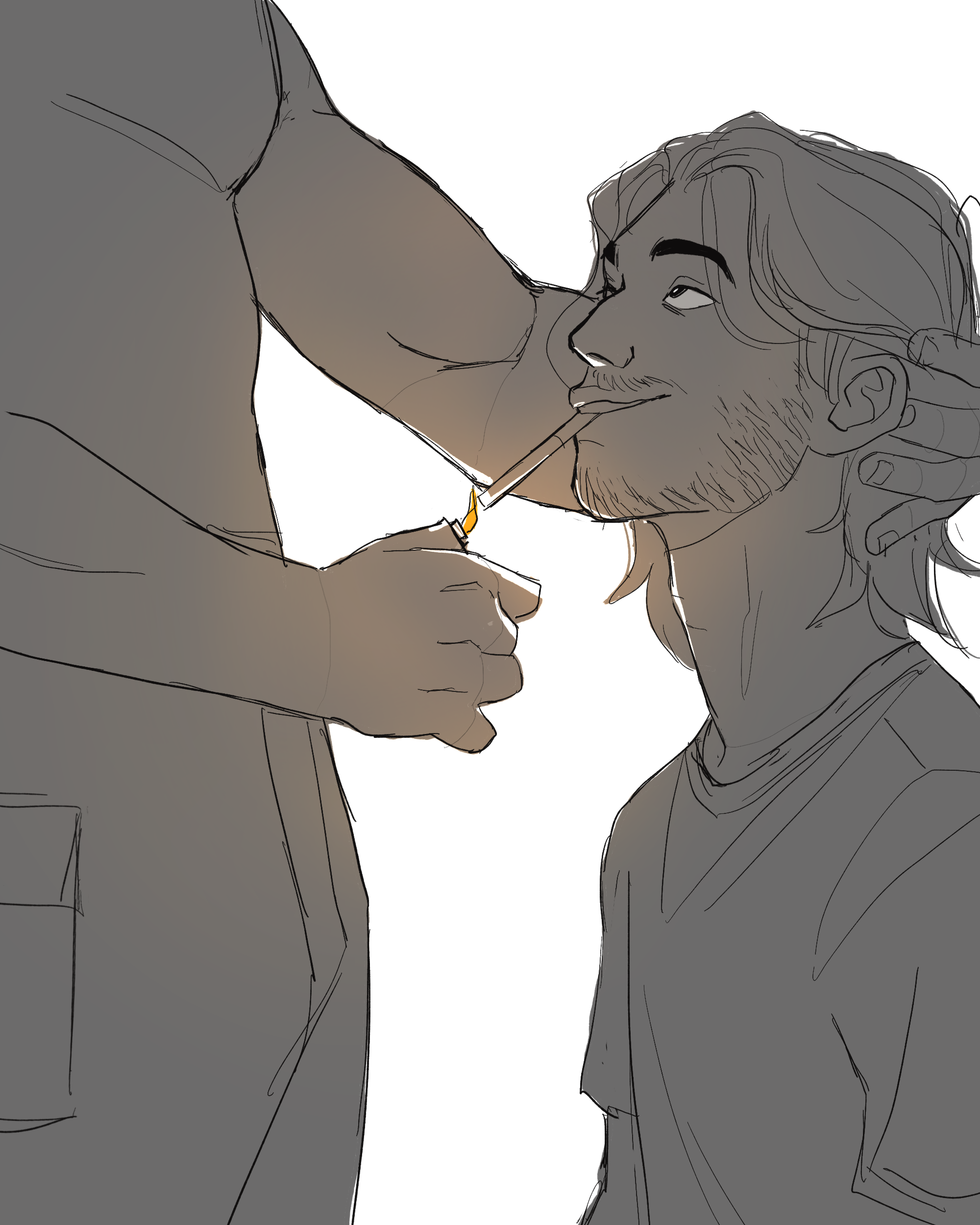 A man with long hair and a beard smokes a cigarette while a second person, partially visible, holds a lighter near his face.