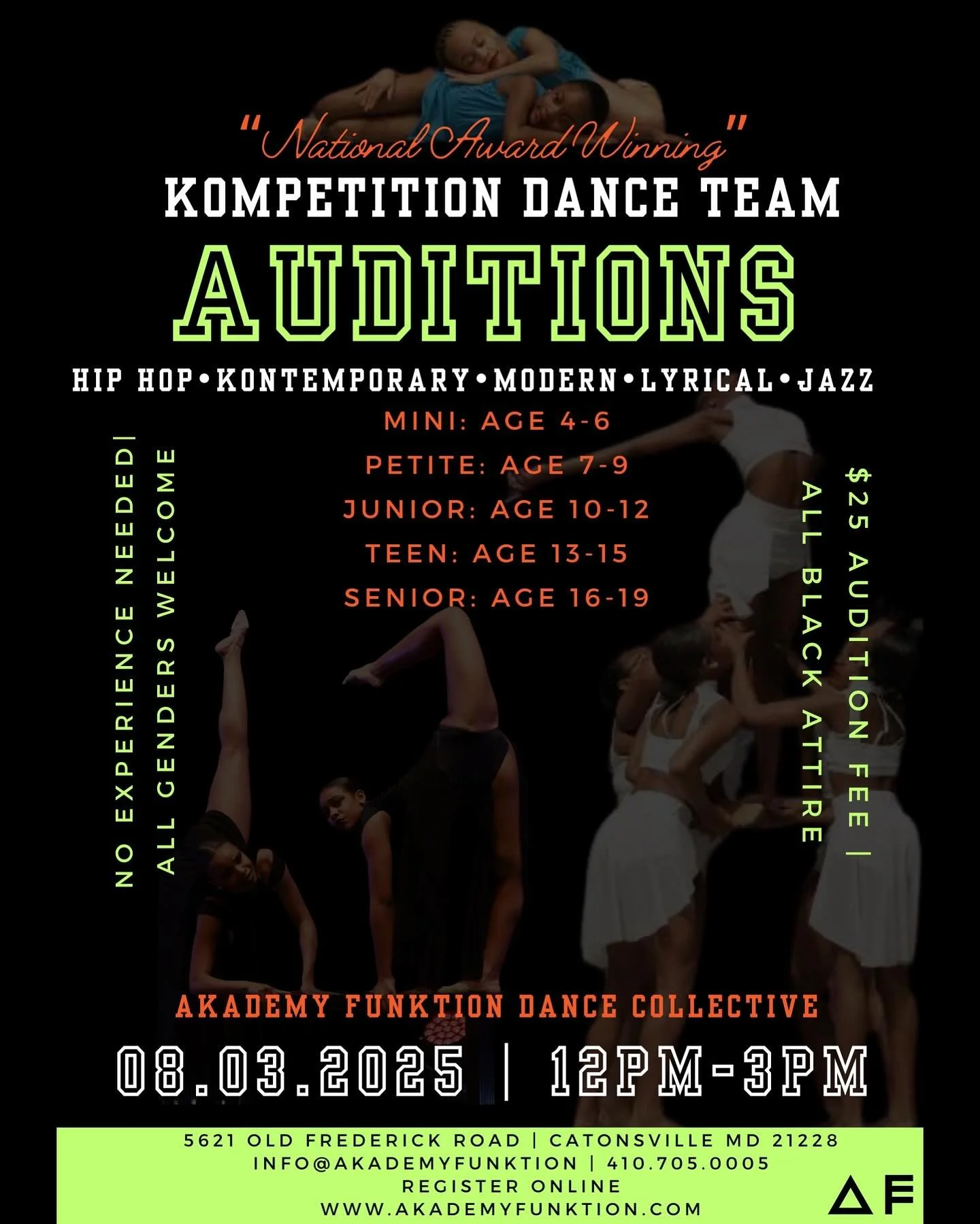 Missed our first round of Auditions?
&hellip;Don&rsquo;t miss your chance to still join our&hellip;

National Award Winning Kompetition Team
Sunday, August 03, 2025 12pm-3pm
Ages 4-19
No experience needed!!!

Register Online at www.akademyfunktion.co