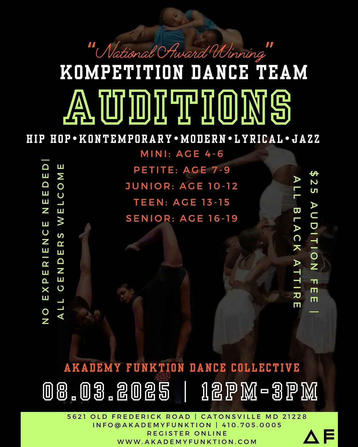 !!!TODAY!!!

Missed our first round of Auditions?
&hellip;Don&rsquo;t miss your chance to still join our&hellip;

National Award Winning Kompetition Team
Sunday, August 03, 2025 12pm-3pm
Ages 4-19
No experience needed!!!

Register Online at www.akade