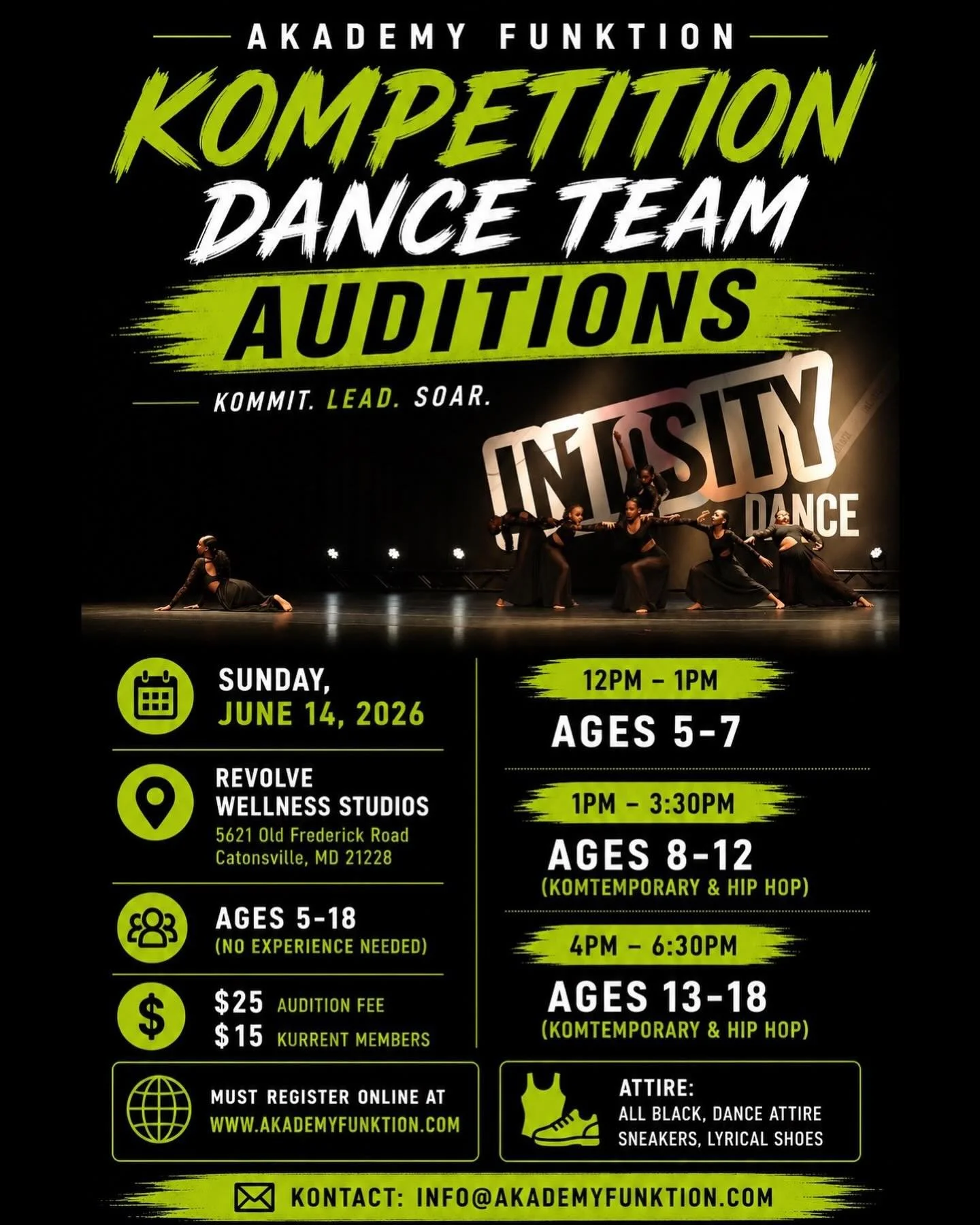 🔥 IT&rsquo;S AUDITION SEASON 🔥
2026-2027 Kompetitions Dance Team Auditions

Akademy Funktion Kompetition Dance Team is looking for passionate, dedikated, and hungry dancers ready to grow, perform, and TAKE THE STAGE. 💚🖤

Whether you&rsquo;re trai