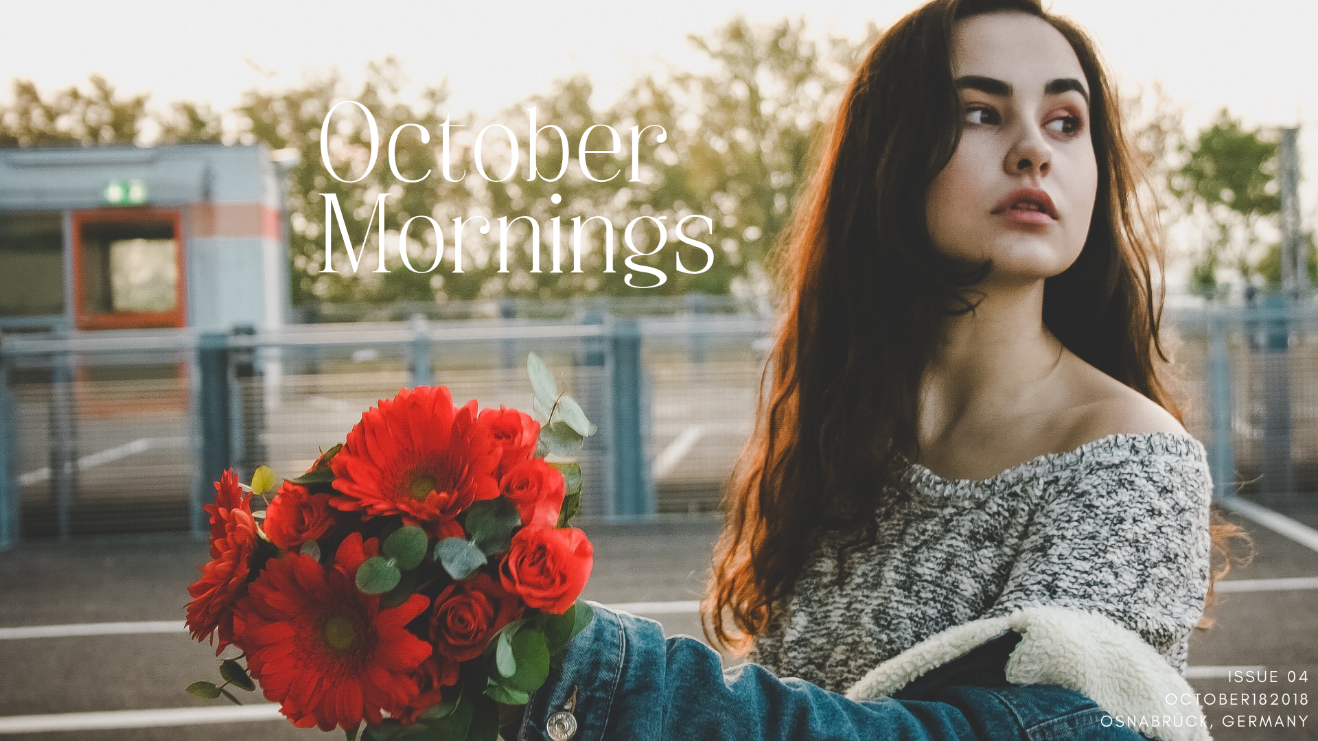 October Morning car parking lot photoshoot photographed by www.herprettybravesoul.com in Osnabrück, Germany. Tumblr aesthethics, Car Parking Lot Photoshoot with a girl dressed in a jeans jacket, oversized hoodie and orange flowers in her hand.