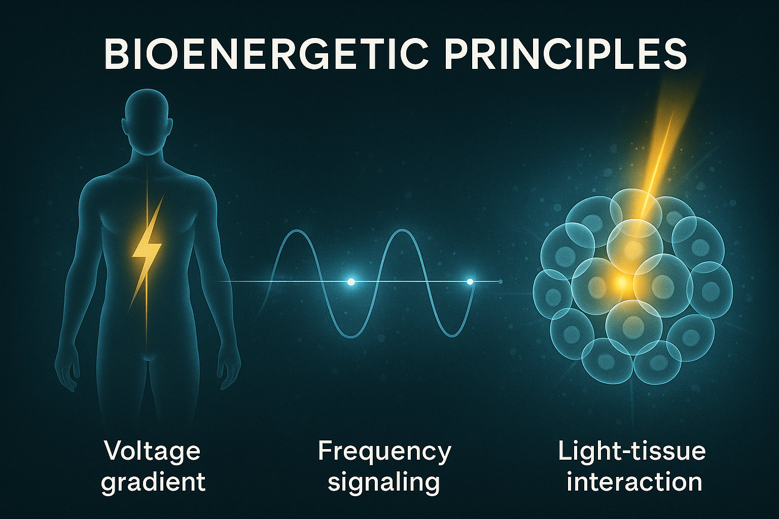 Infographic illustrating bioenergetic principles with a human silhouette showing a lightning bolt in the chest area, a wave representing voltage gradient and frequency signaling, and a cluster of cells with light interaction on the right, titled "Bioenergetic Principles".